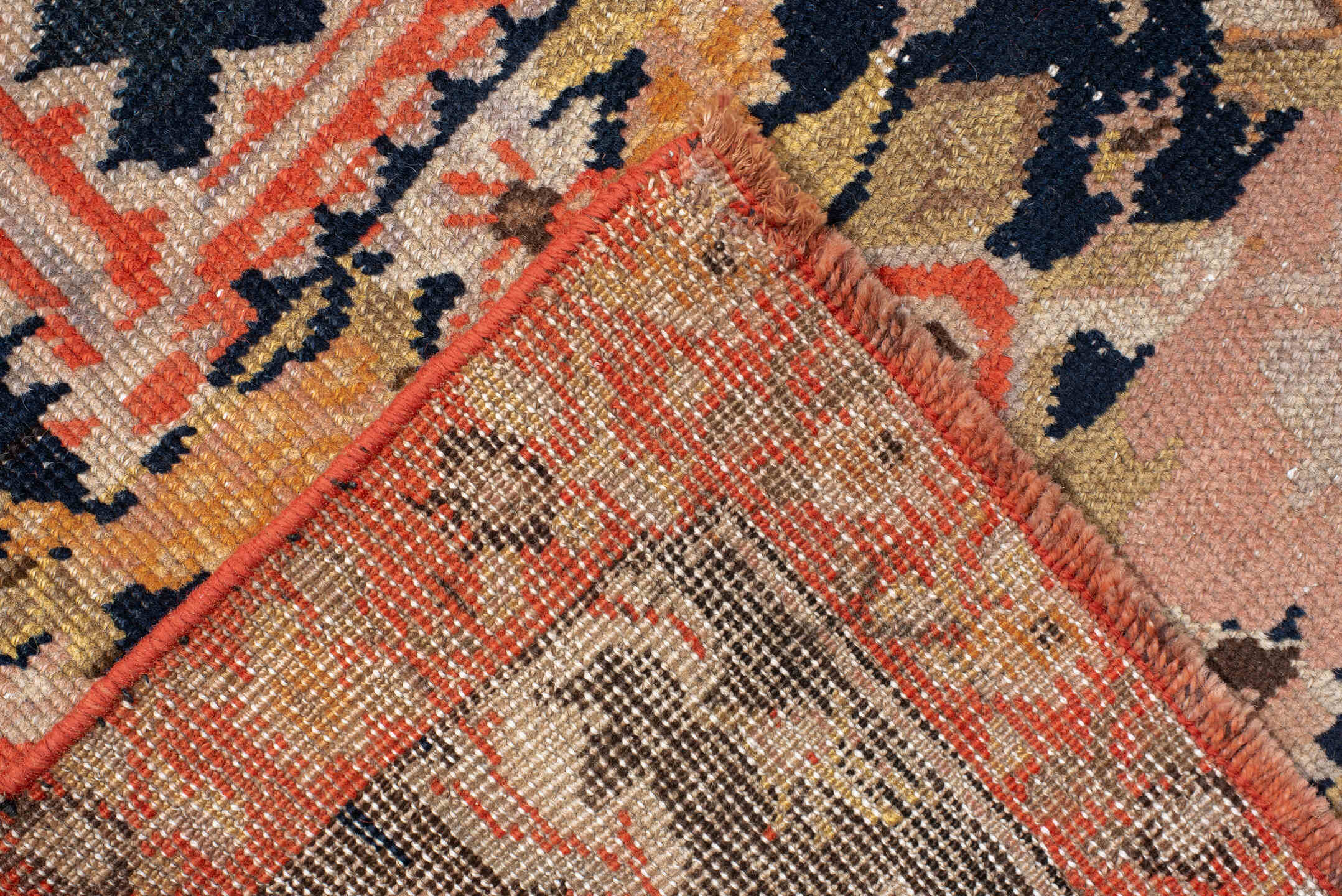6' x 18' one-of-a-kind handmade vintage Karabagh rug. Color palette: ivory, charcoal, coral, rust, taupe, rose, cream, gray
