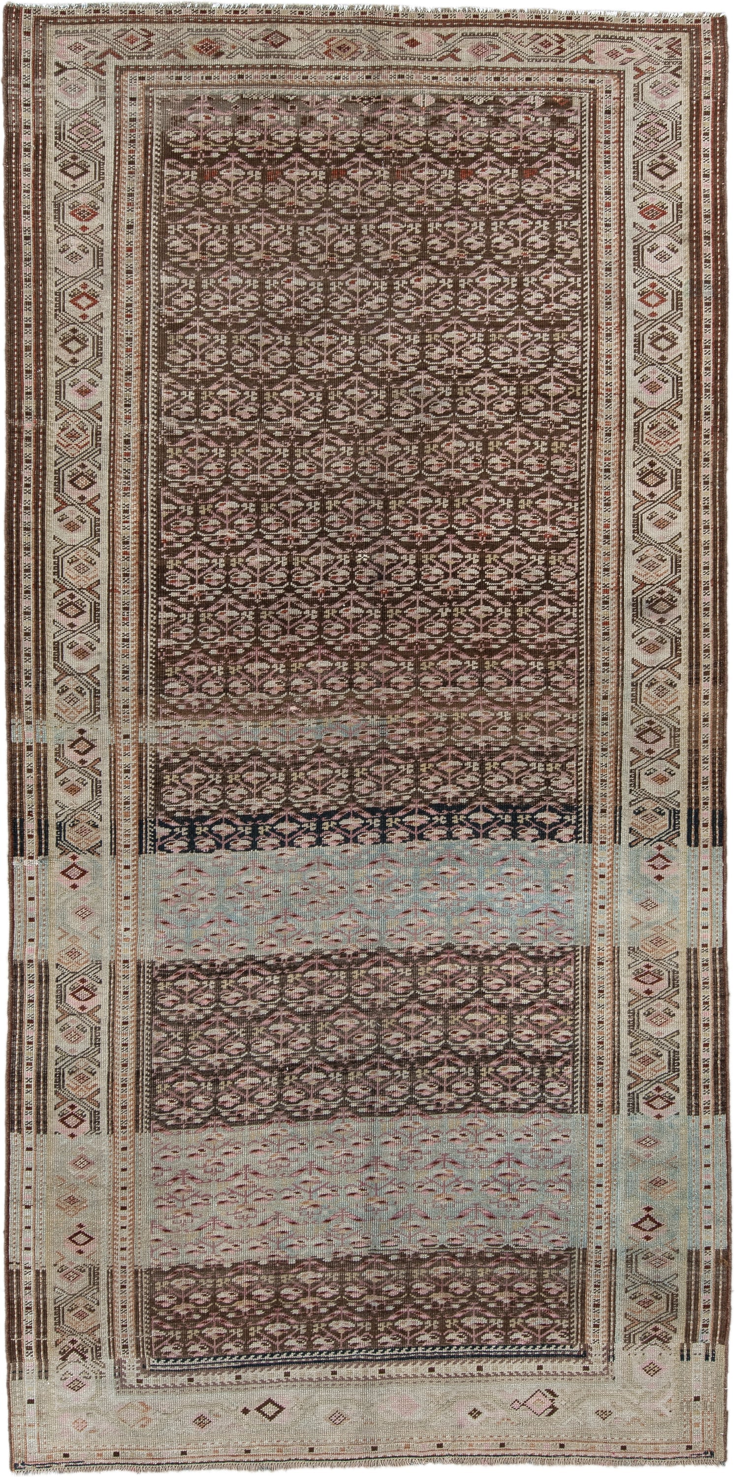 5' x 10' one-of-a-kind handmade antique NW Persian medium size rug. Color palette: ivory, brown, sky blue, taupe, rose, rust