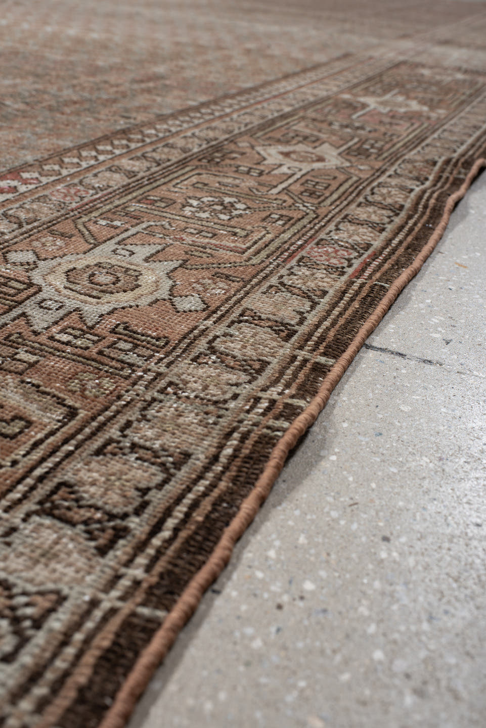 7' x 17' one-of-a-kind handmade vintage Bidjar rug. Color palette: taupe, dusty_rose, ivory, muted_blue, brown, charcoal