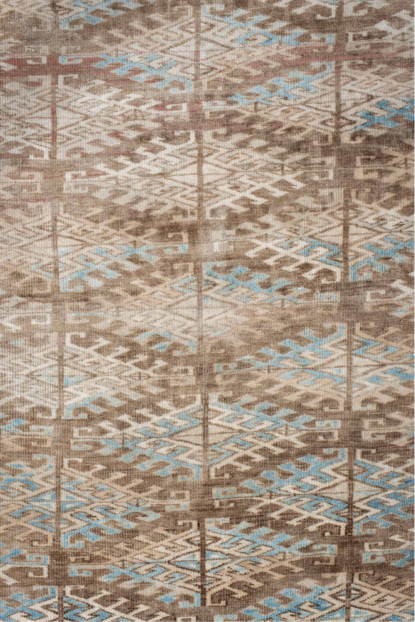 6' x 9' one-of-a-kind handmade vintage Yamoud medium size rug. Color palette: blue, brown, gray, light blue, light gray