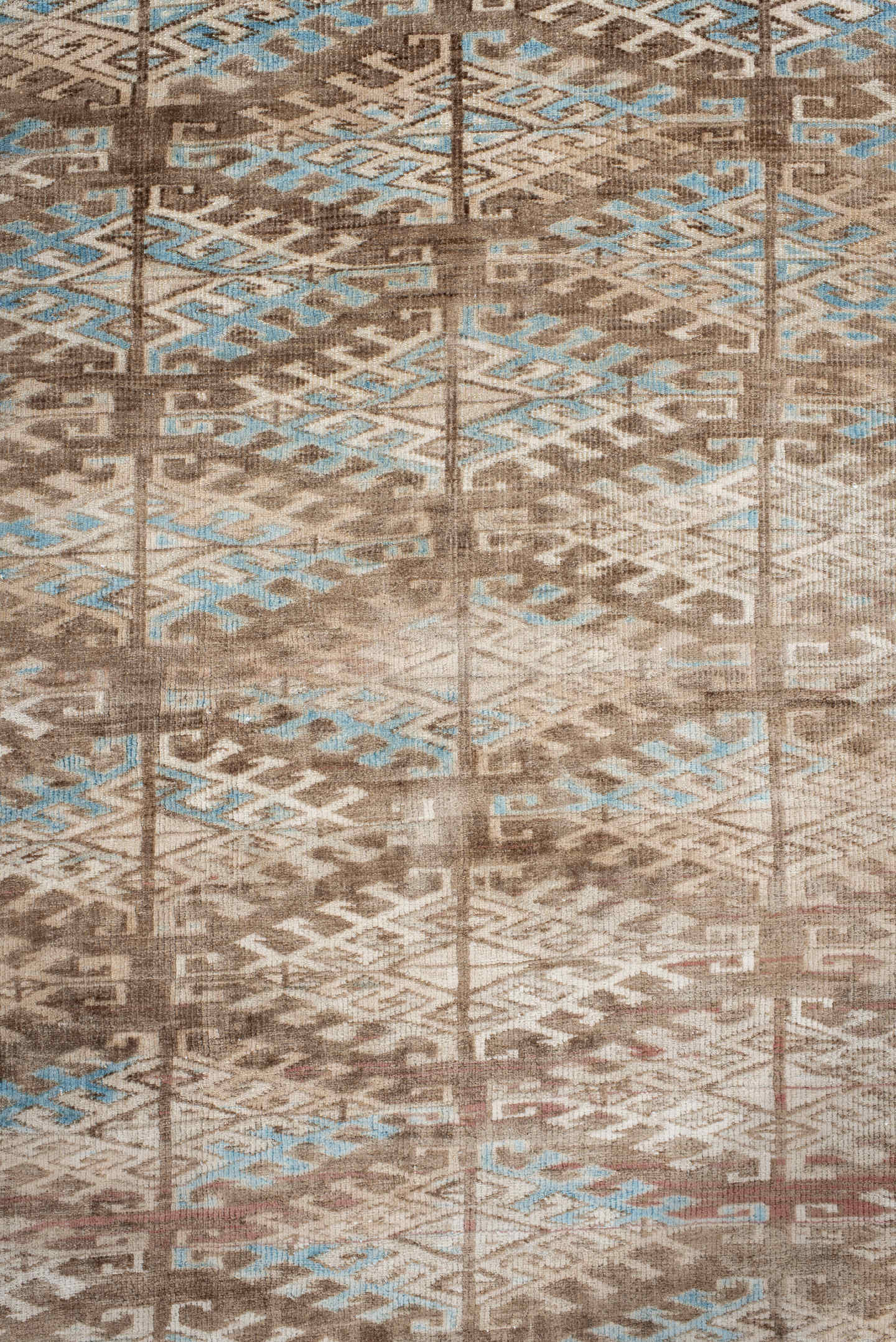 6' x 9' one-of-a-kind handmade antique Yamoud medium size rug. Color palette: ivory, taupe, camel, sky blue, brown, rose