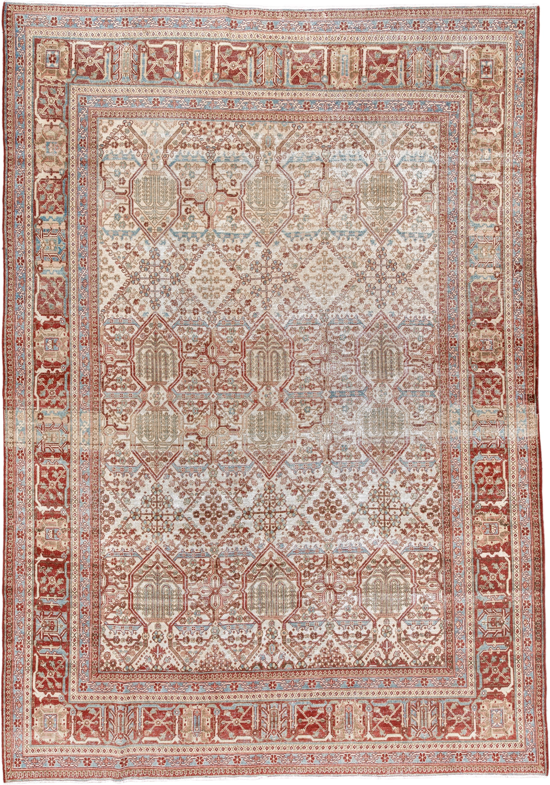 7' x 10' one-of-a-kind handmade antique Joshegan large size rug. Color palette: ivory, rust, sky_blue, camel, brick, taupe