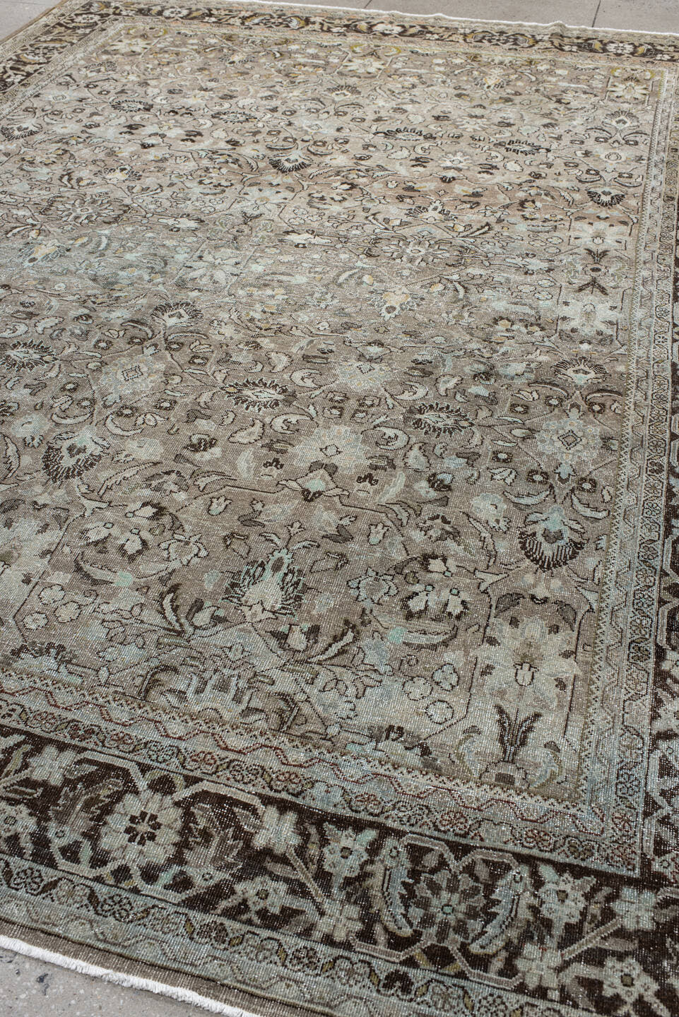 9' x 12' one-of-a-kind handmade antique Mahal large size rug. Color palette: taupe, brown, ivory, beige, charcoal, sage