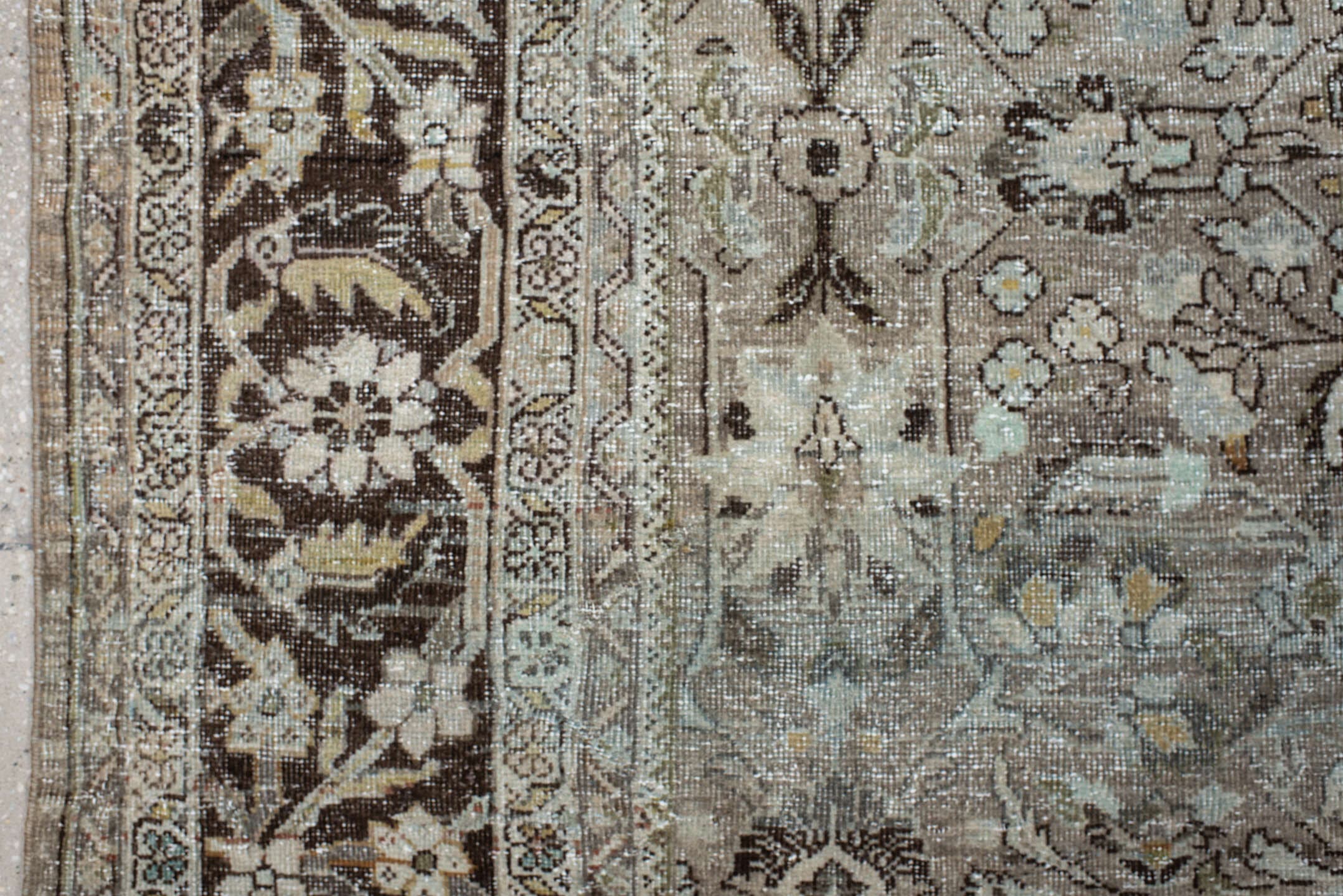 9' x 12' one-of-a-kind handmade antique Mahal large size rug. Color palette: taupe, brown, ivory, beige, charcoal, sage