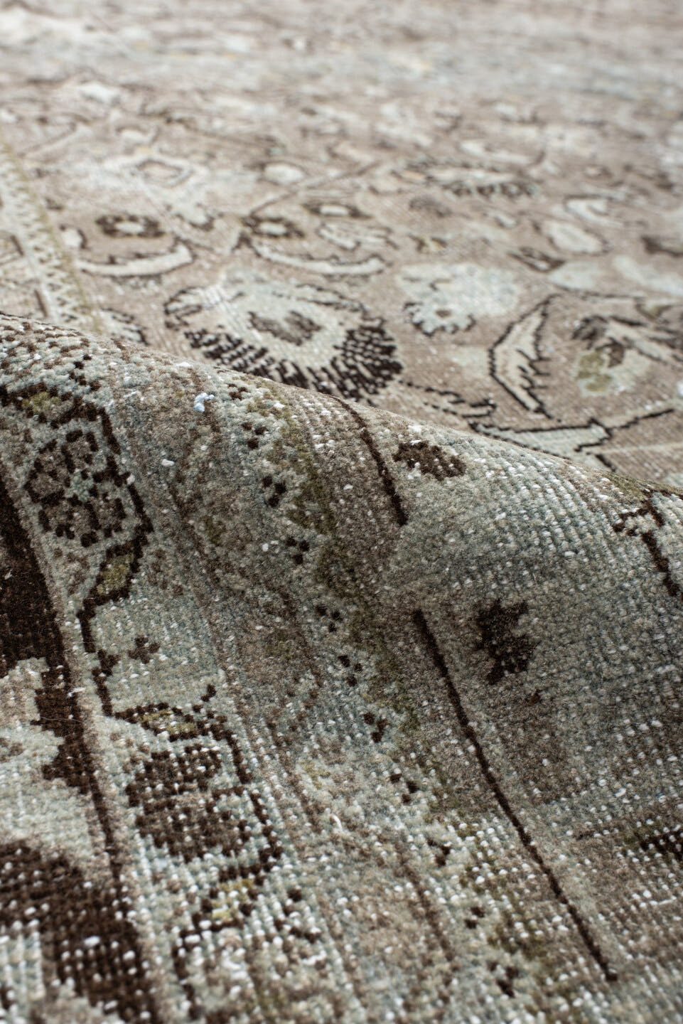 9' x 12' one-of-a-kind handmade antique Mahal large size rug. Color palette: taupe, brown, ivory, beige, charcoal, sage