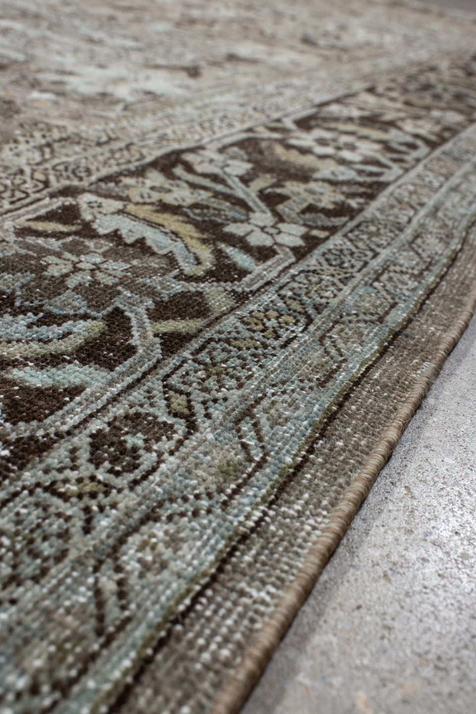 9' x 12' one-of-a-kind handmade antique Mahal large size rug. Color palette: taupe, brown, ivory, beige, charcoal, sage