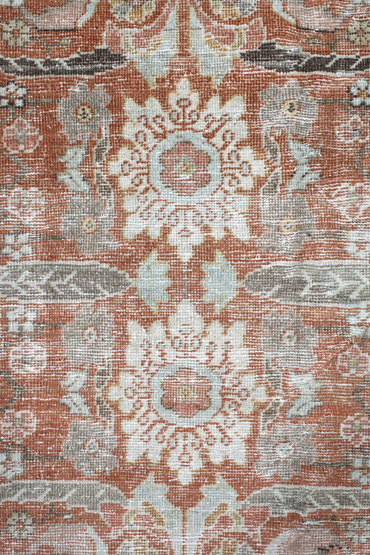 6' x 9' one-of-a-kind handmade antique Mahal large size rug. Color palette: terra cotta, ivory, sage, taupe, camel, charcoal