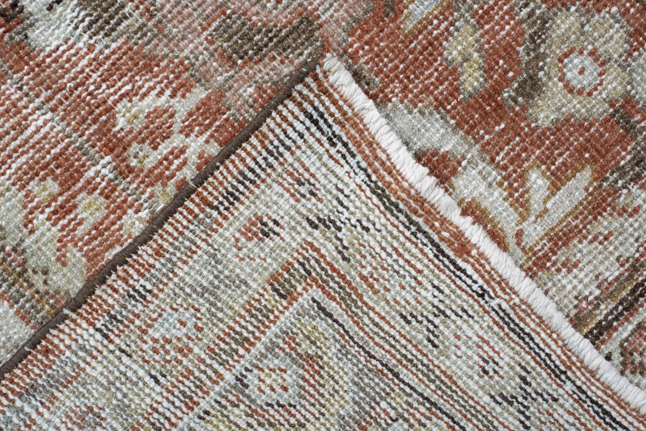 6' x 9' one-of-a-kind handmade antique Mahal large size rug. Color palette: terra cotta, ivory, sage, taupe, camel, charcoal
