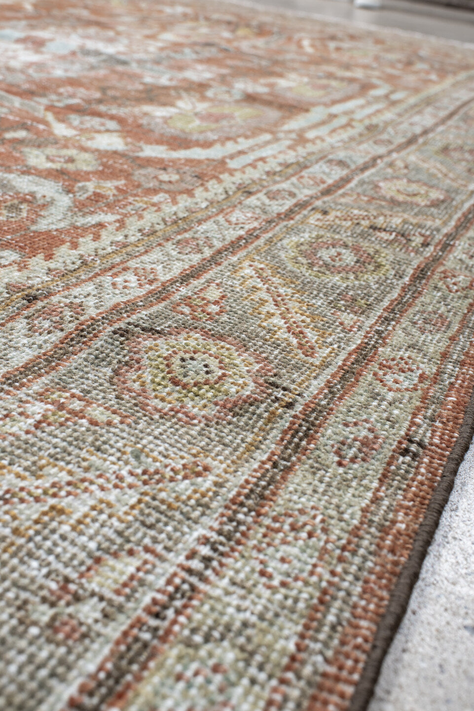 6' x 9' one-of-a-kind handmade antique Mahal large size rug. Color palette: terra cotta, ivory, sage, taupe, camel, charcoal