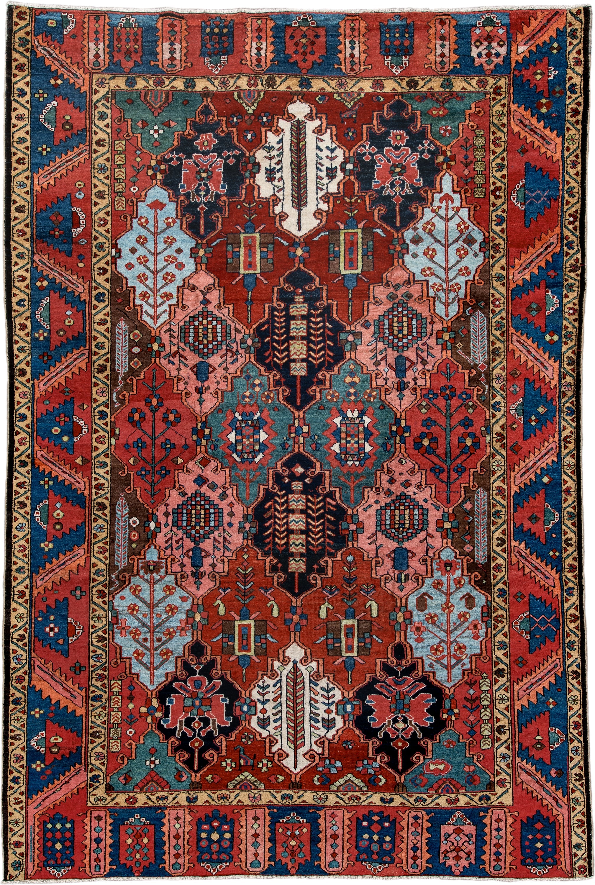 6' x 10' one-of-a-kind handmade antique Baktiary large size rug. Color palette: rust, indigo, rose, ivory, sky blue, navy