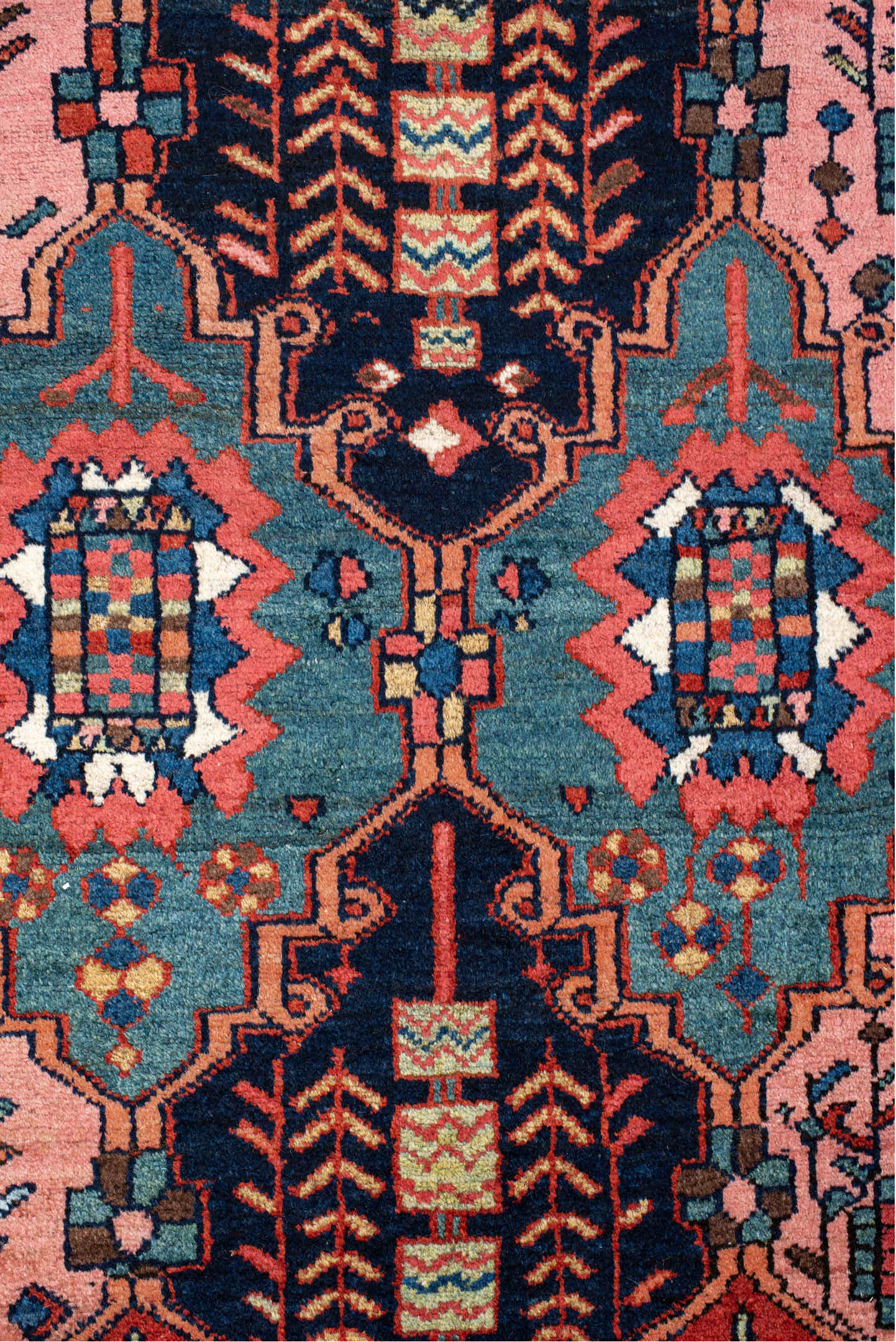 6' x 10' one-of-a-kind handmade antique Baktiary large size rug. Color palette: rust, indigo, rose, ivory, sky blue, navy