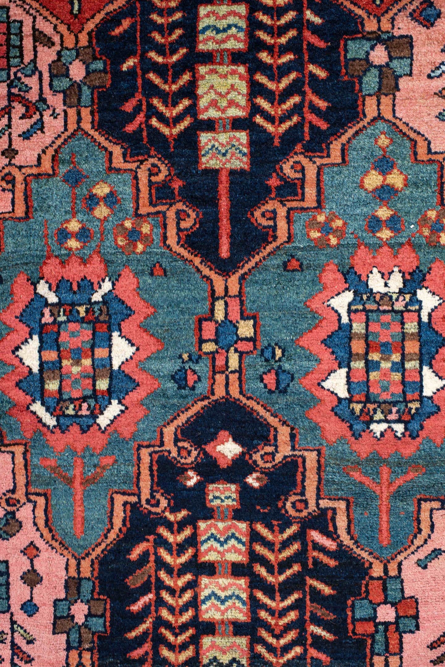 6' x 10' one-of-a-kind handmade antique Baktiary large size rug. Color palette: rust, indigo, rose, ivory, sky blue, navy
