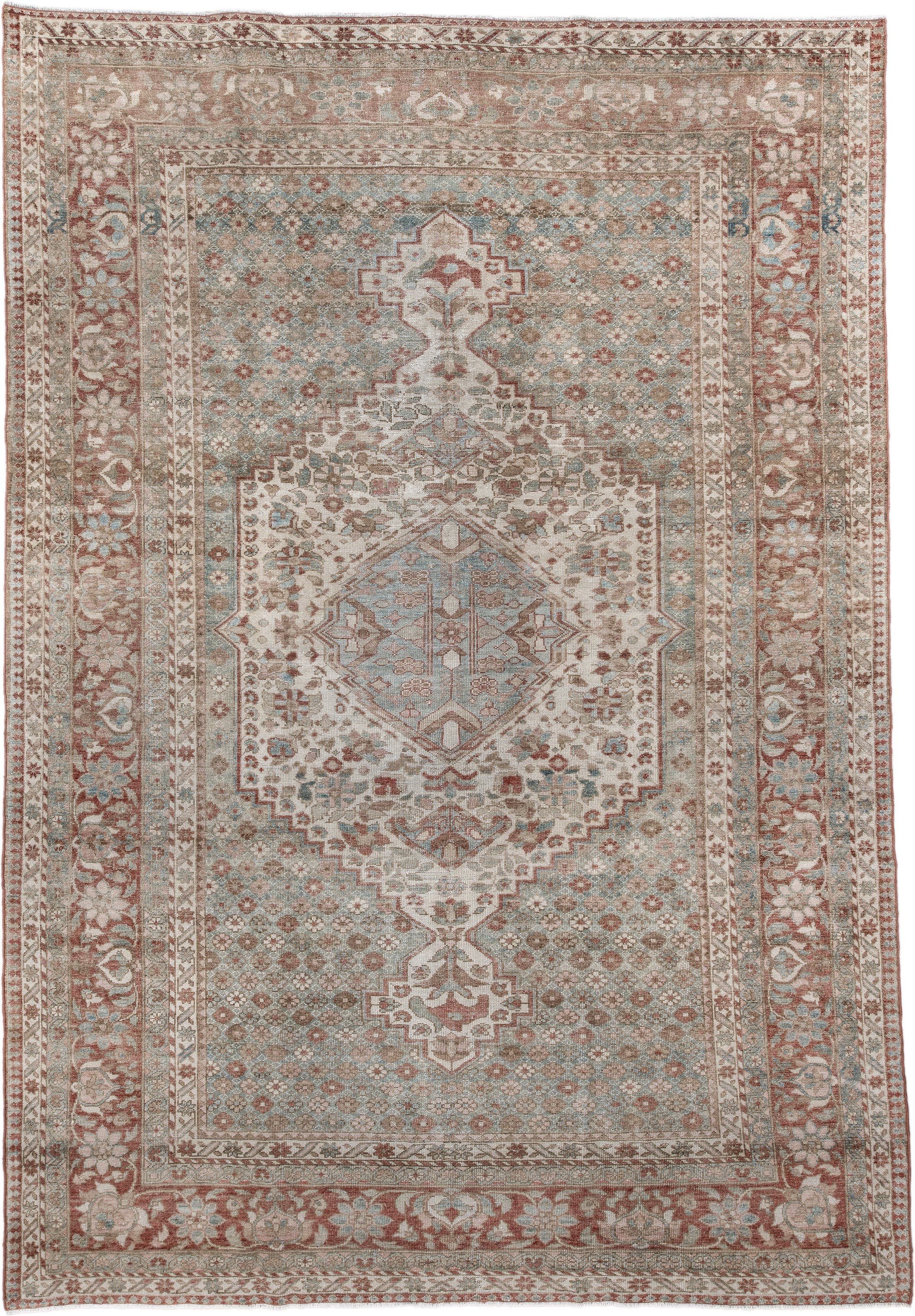 6' x 10' one-of-a-kind handmade antique Baktiary large size rug. Color palette: ivory, dusty blue, rose, taupe, terra cotta
