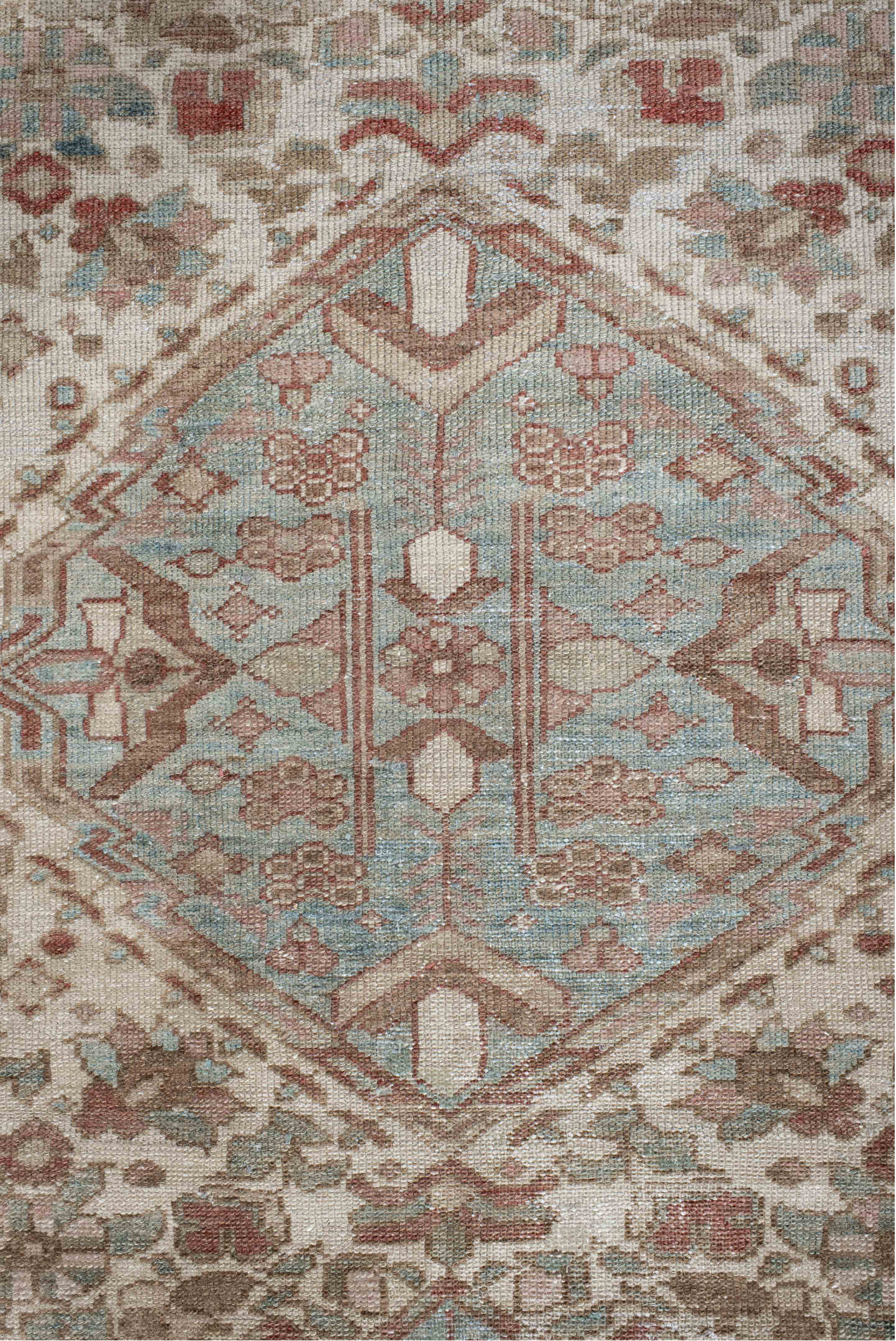 6' x 10' one-of-a-kind handmade antique Baktiary large size rug. Color palette: ivory, dusty blue, rose, taupe, terra cotta