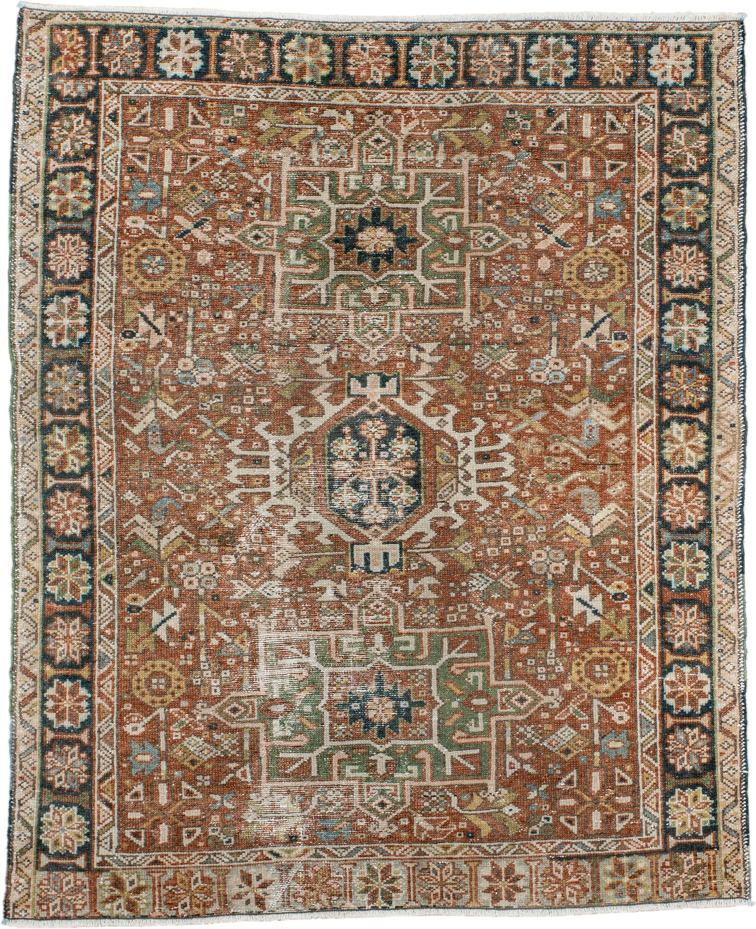 3' x 4' one-of-a-kind handmade antique Karaje small size rug. Color palette: rust, ivory, navy, sage, camel, gold