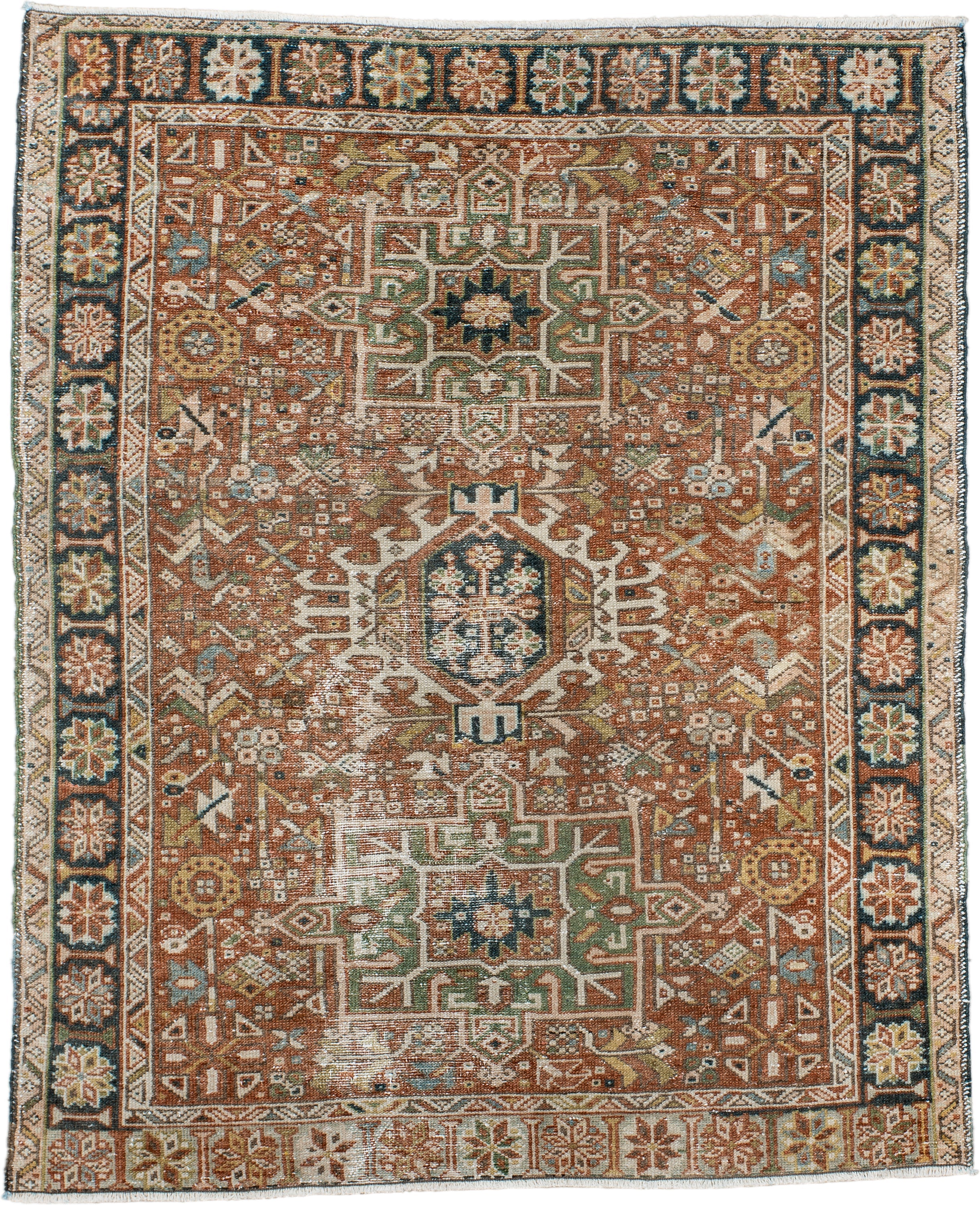 3' x 4' one-of-a-kind handmade antique Karaje small size rug. Color palette: rust, ivory, navy, sage, camel, gold