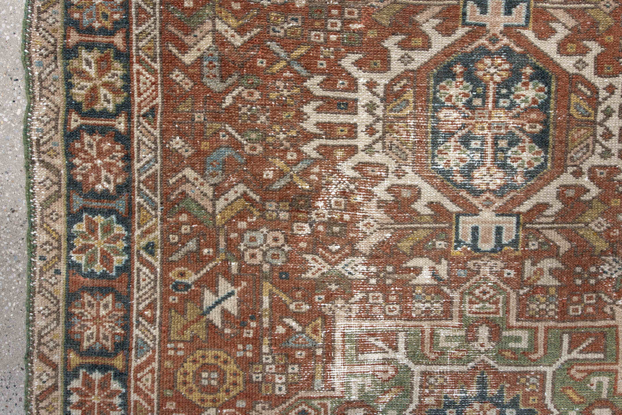 3' x 4' one-of-a-kind handmade antique Karaje small size rug. Color palette: rust, ivory, navy, sage, camel, gold