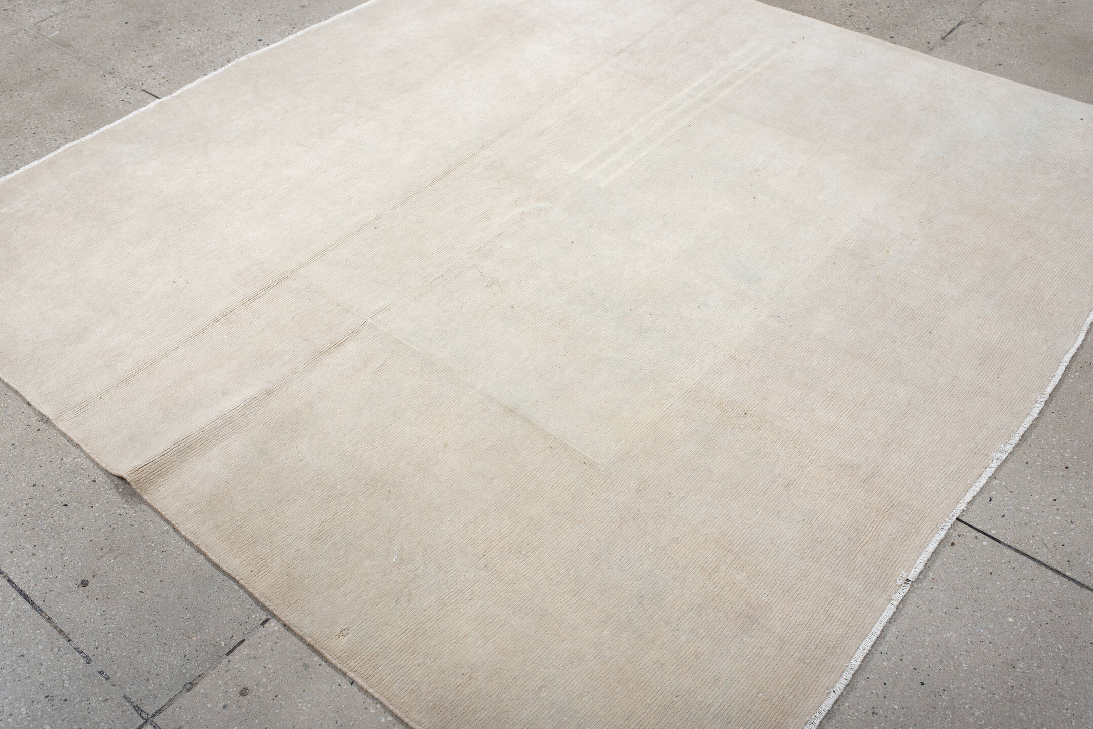 6' x 6' one-of-a-kind handmade vintage Tibetan rug. Color palette: ivory, cream, beige, taupe, gray