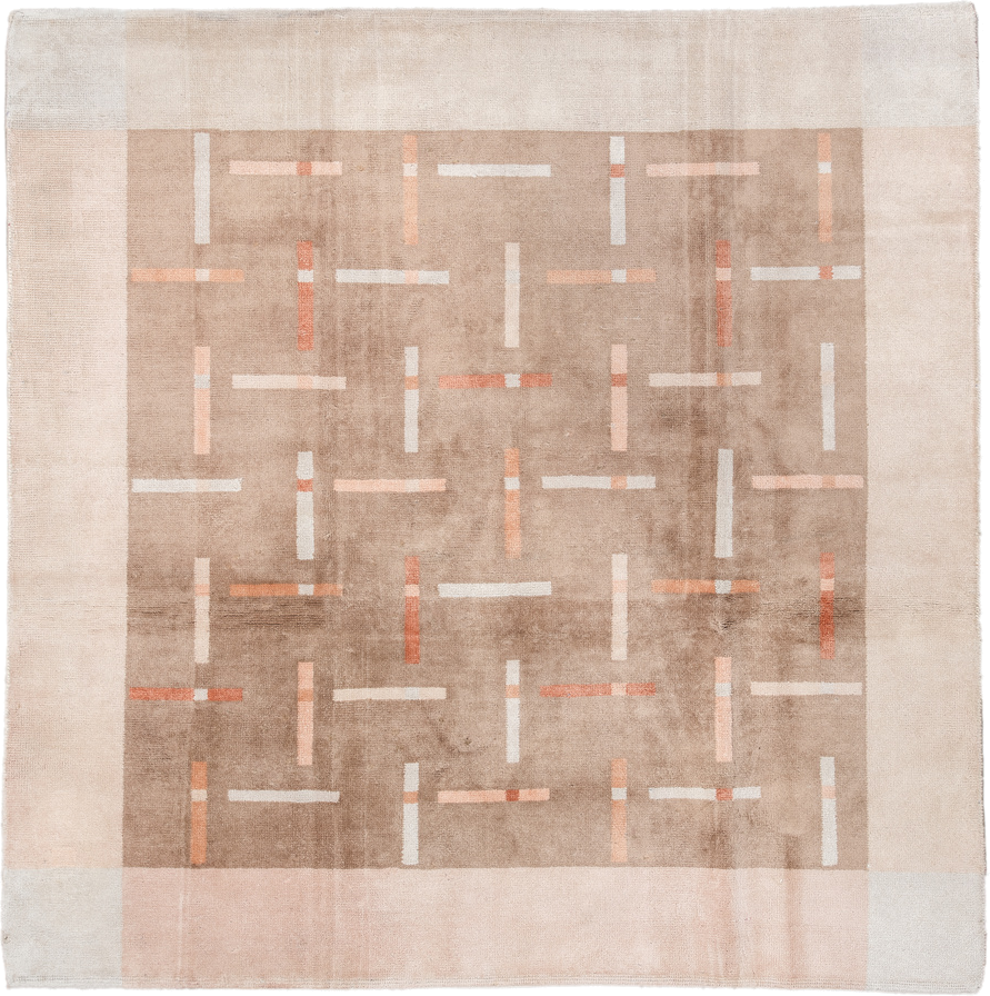 6' x 6' one-of-a-kind handmade handmade Modern rug. Color palette: taupe, ivory, blush, coral, beige, gray, pink, terracotta
