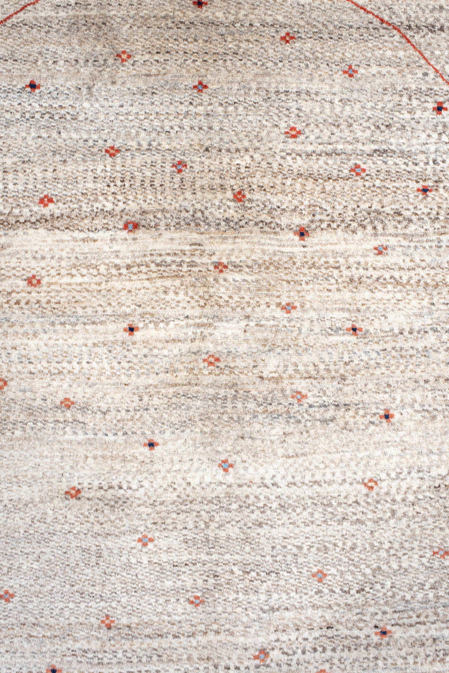 5' x 6' one-of-a-kind handmade vintage Gabbe rug. Color palette: ivory, rust, taupe, charcoal, navy, coral, terracotta