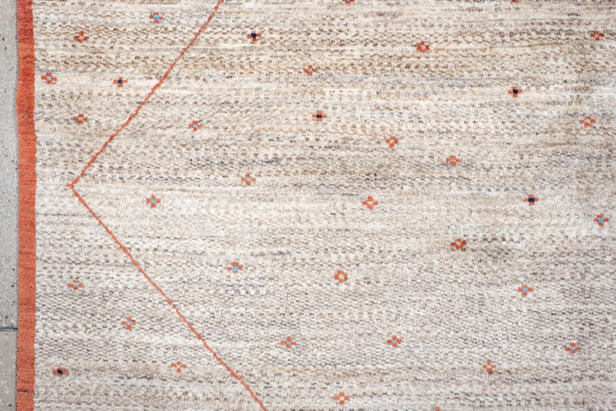 5' x 6' one-of-a-kind handmade vintage Gabbe rug. Color palette: ivory, rust, taupe, charcoal, navy, coral, terracotta