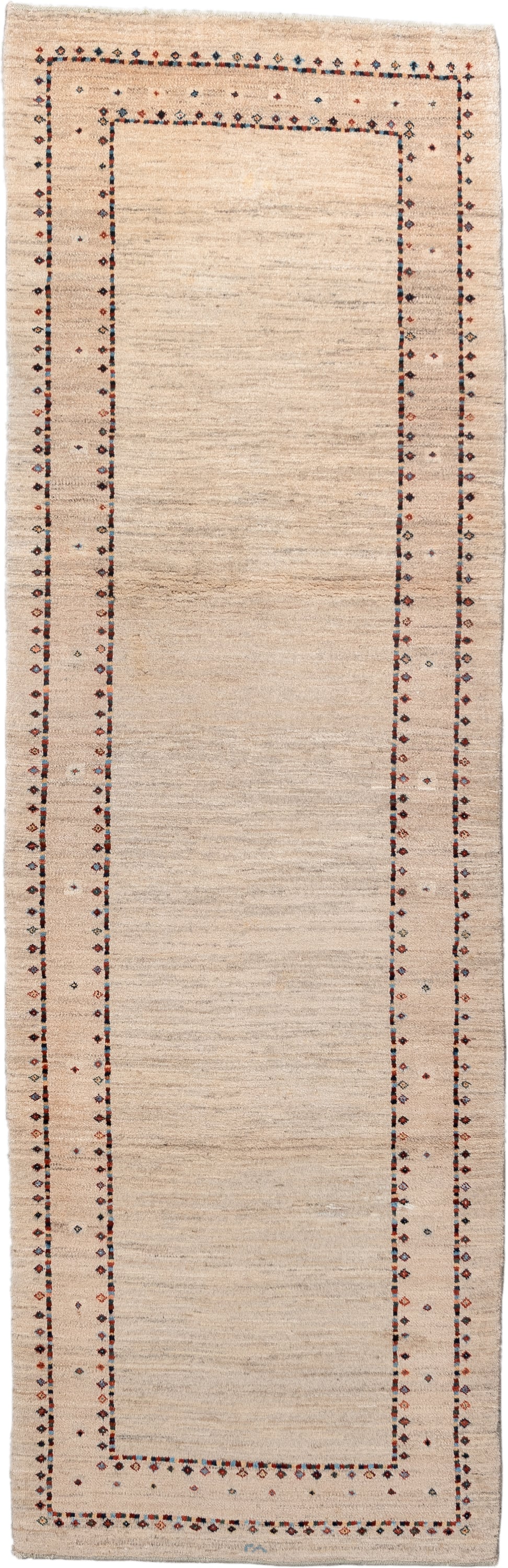 2' x 8' one-of-a-kind handmade vintage Gabbe runner rug. Color palette: ivory, cream, taupe, rust, navy, blue gray, beige