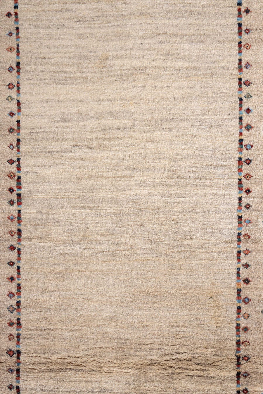 2' x 8' one-of-a-kind handmade vintage Gabbe runner rug. Color palette: ivory, cream, taupe, rust, navy, blue gray, beige