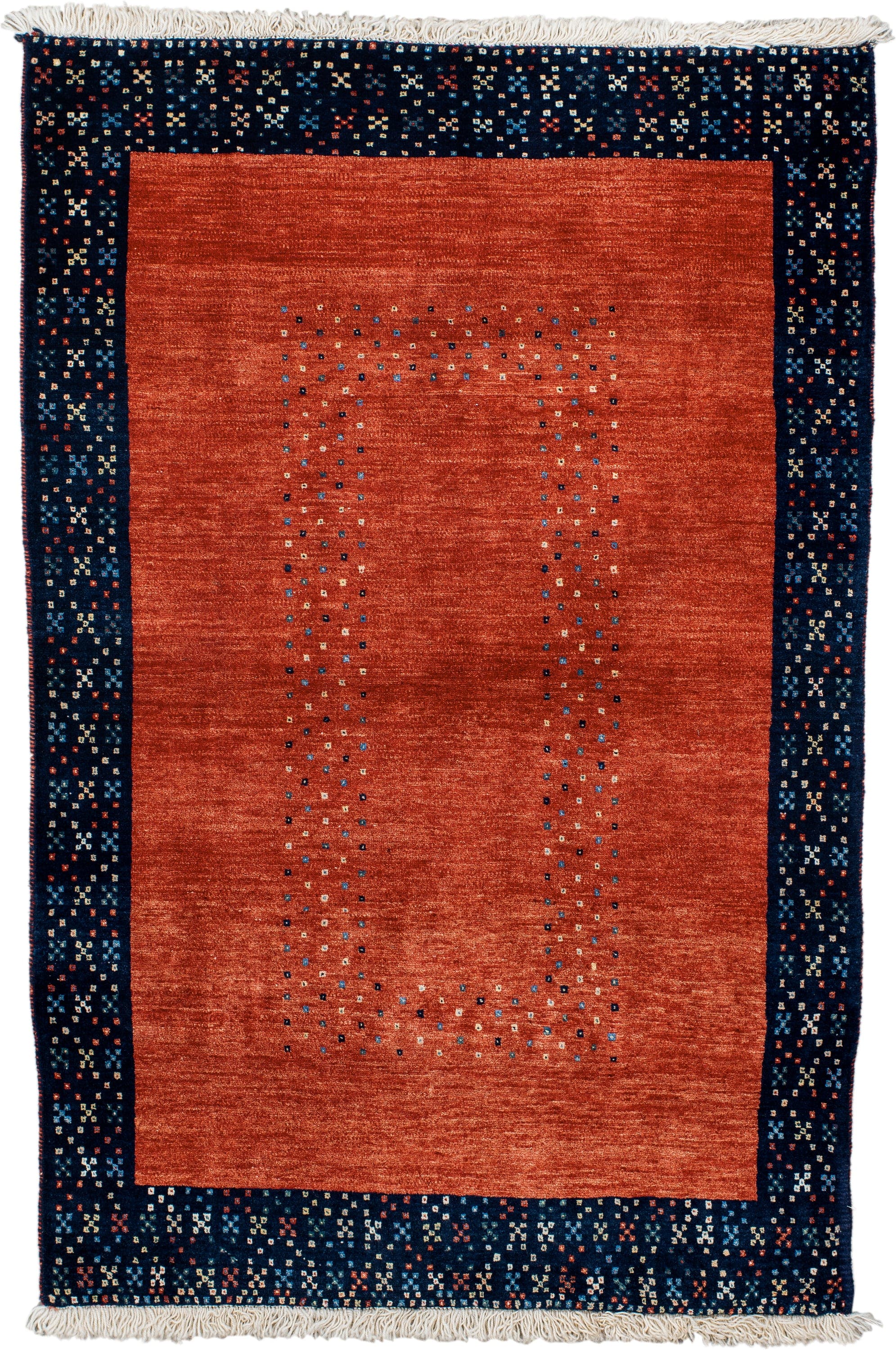 3' x 5' one-of-a-kind handmade vintage Gabbe small size rug. Color palette: terra cotta, navy, ivory, sky blue, rust