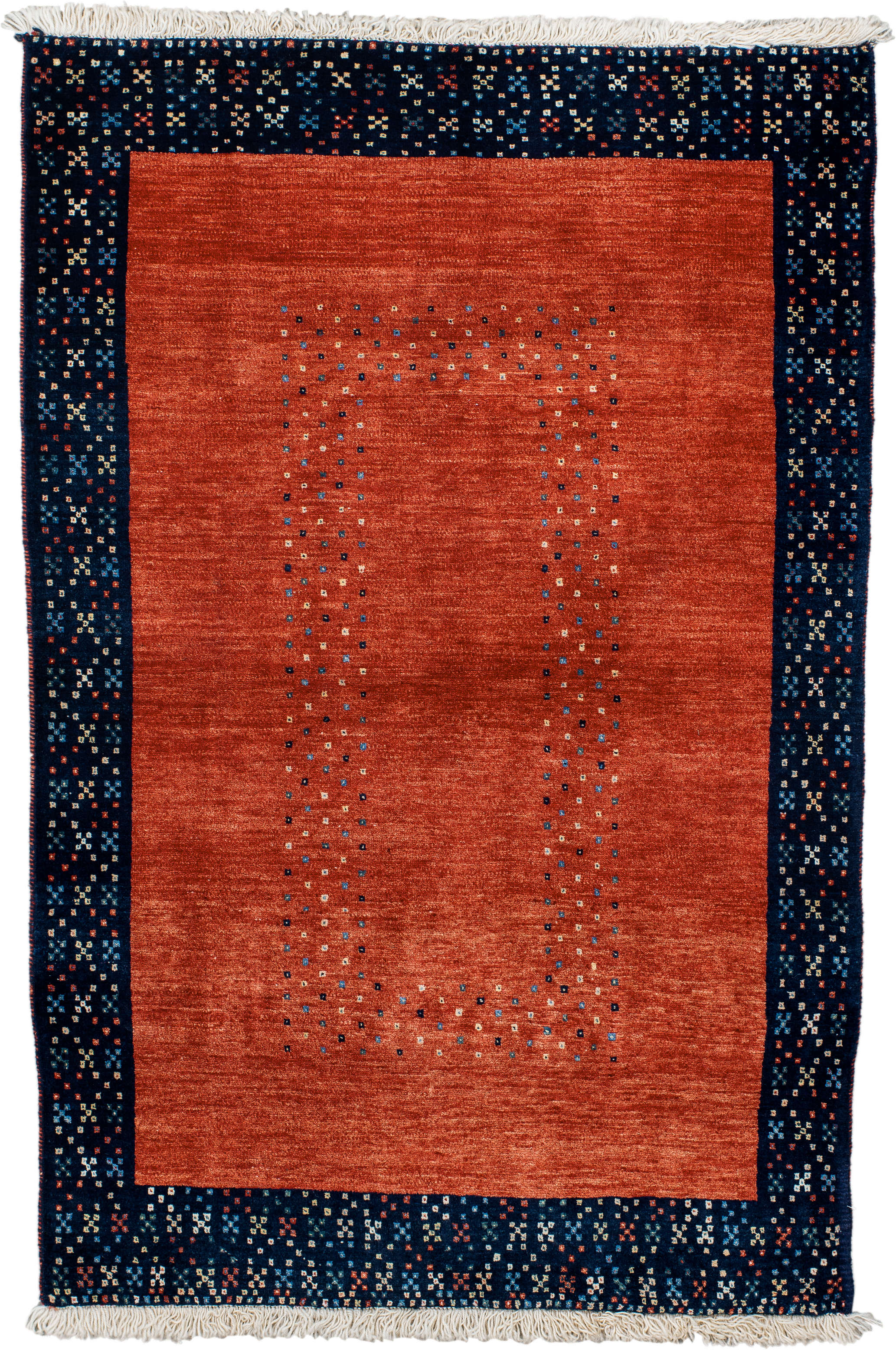 3' x 5' one-of-a-kind handmade vintage Gabbe small size rug. Color palette: terra cotta, navy, ivory, sky blue, rust
