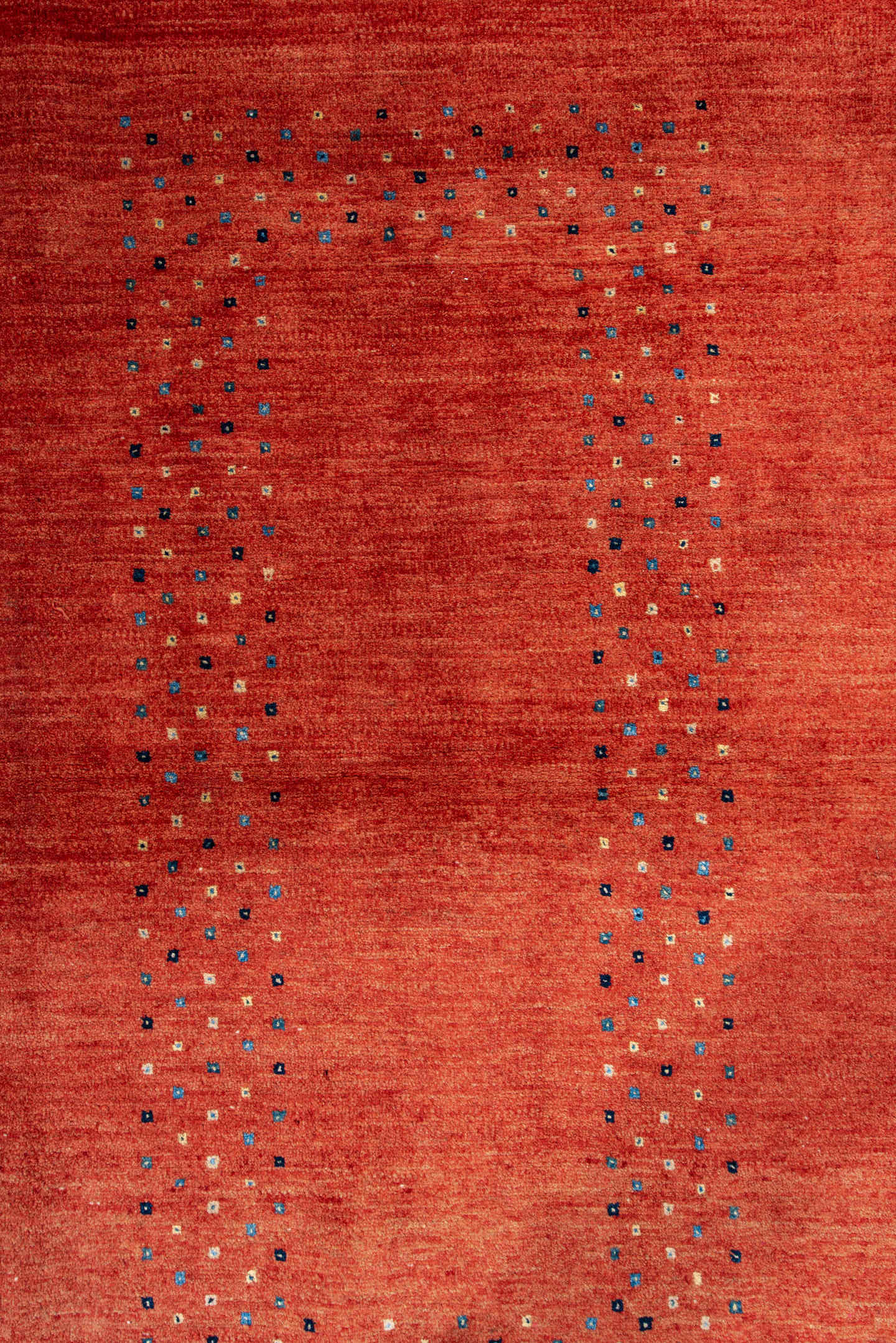 3' x 5' one-of-a-kind handmade vintage Gabbe small size rug. Color palette: terra cotta, navy, ivory, sky blue, rust