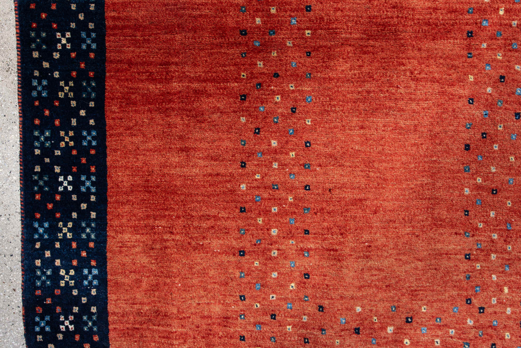 3' x 5' one-of-a-kind handmade vintage Gabbe small size rug. Color palette: terra cotta, navy, ivory, sky blue, rust