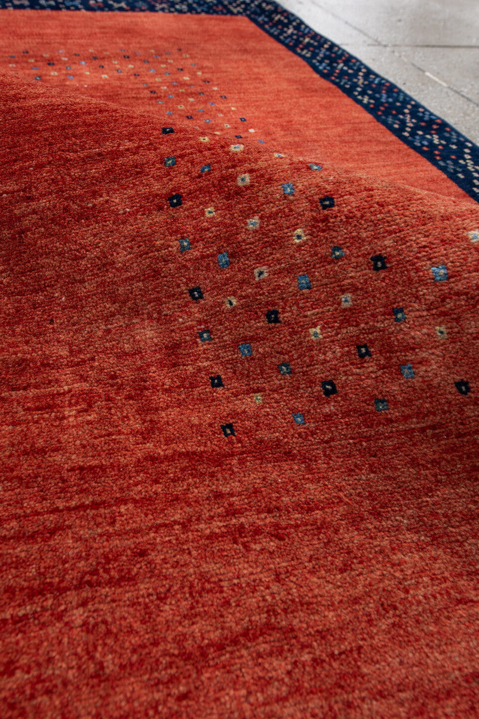 3' x 5' one-of-a-kind handmade vintage Gabbe small size rug. Color palette: terra cotta, navy, ivory, sky blue, rust