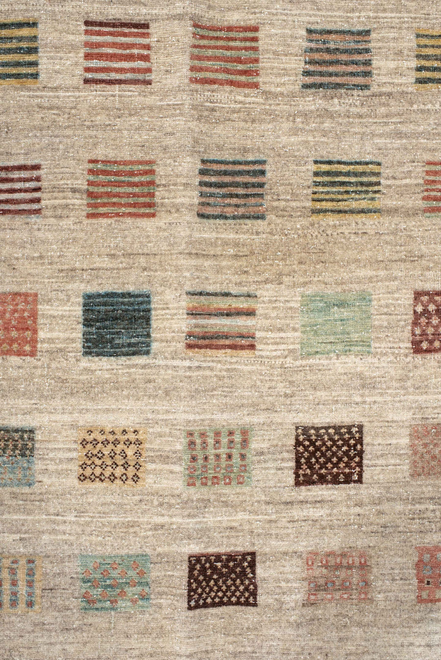 5' x 6' one-of-a-kind handmade vintage Gabbe rug. Color palette: ivory, beige, rust, teal, sage, charcoal, ochre, dark brown