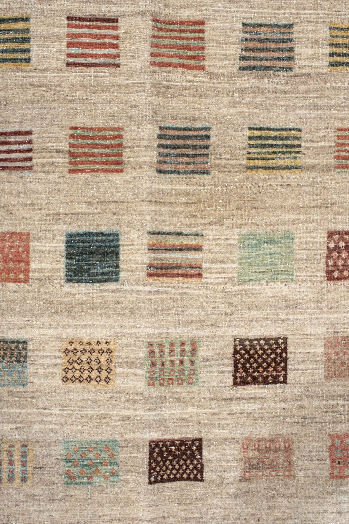 5' x 6' one-of-a-kind handmade vintage Gabbe rug. Color palette: ivory, beige, rust, teal, brown, sand, camel, sage