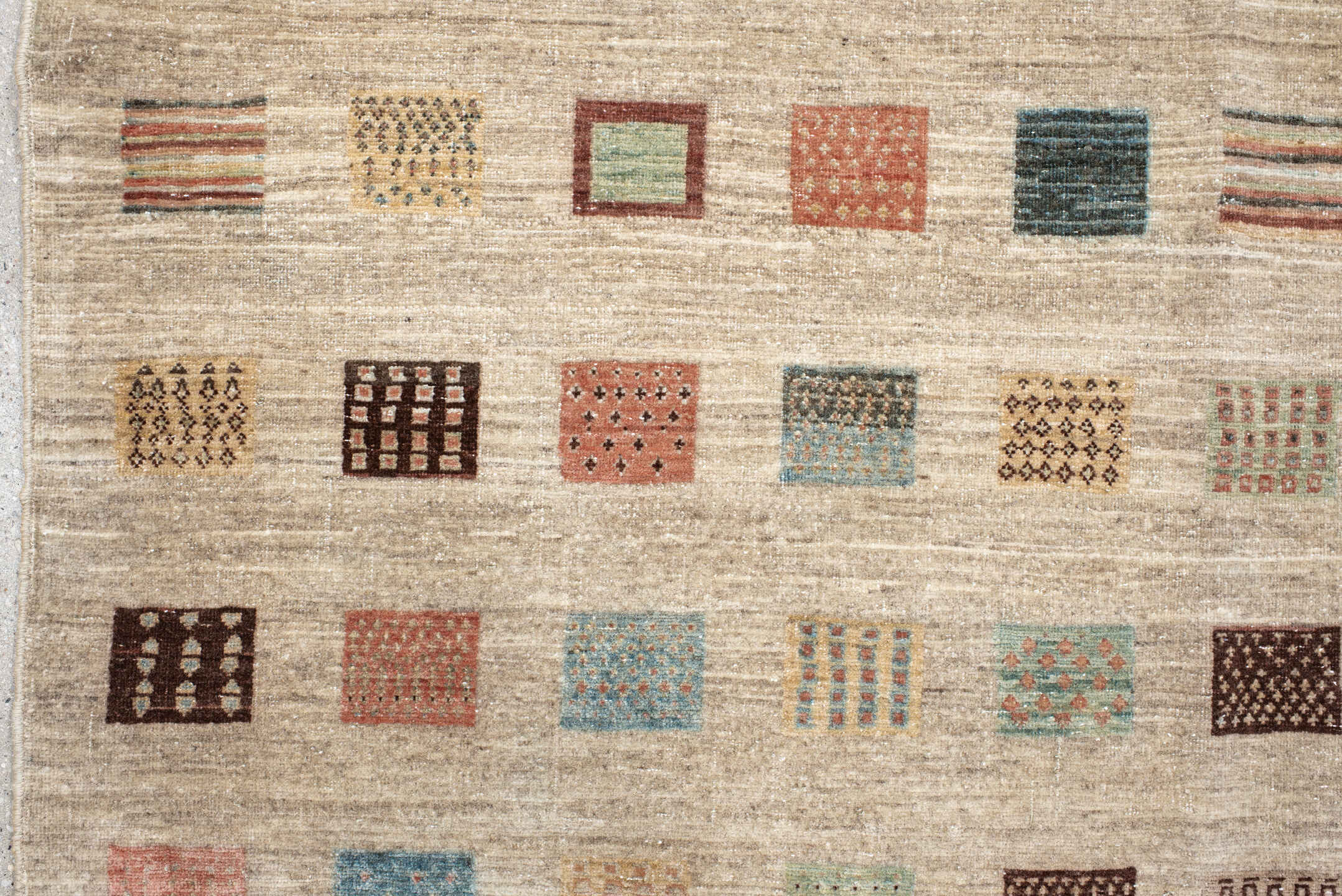 5' x 6' one-of-a-kind handmade vintage Gabbe rug. Color palette: antiquewhite, black, brown, gray, light gray, off-white