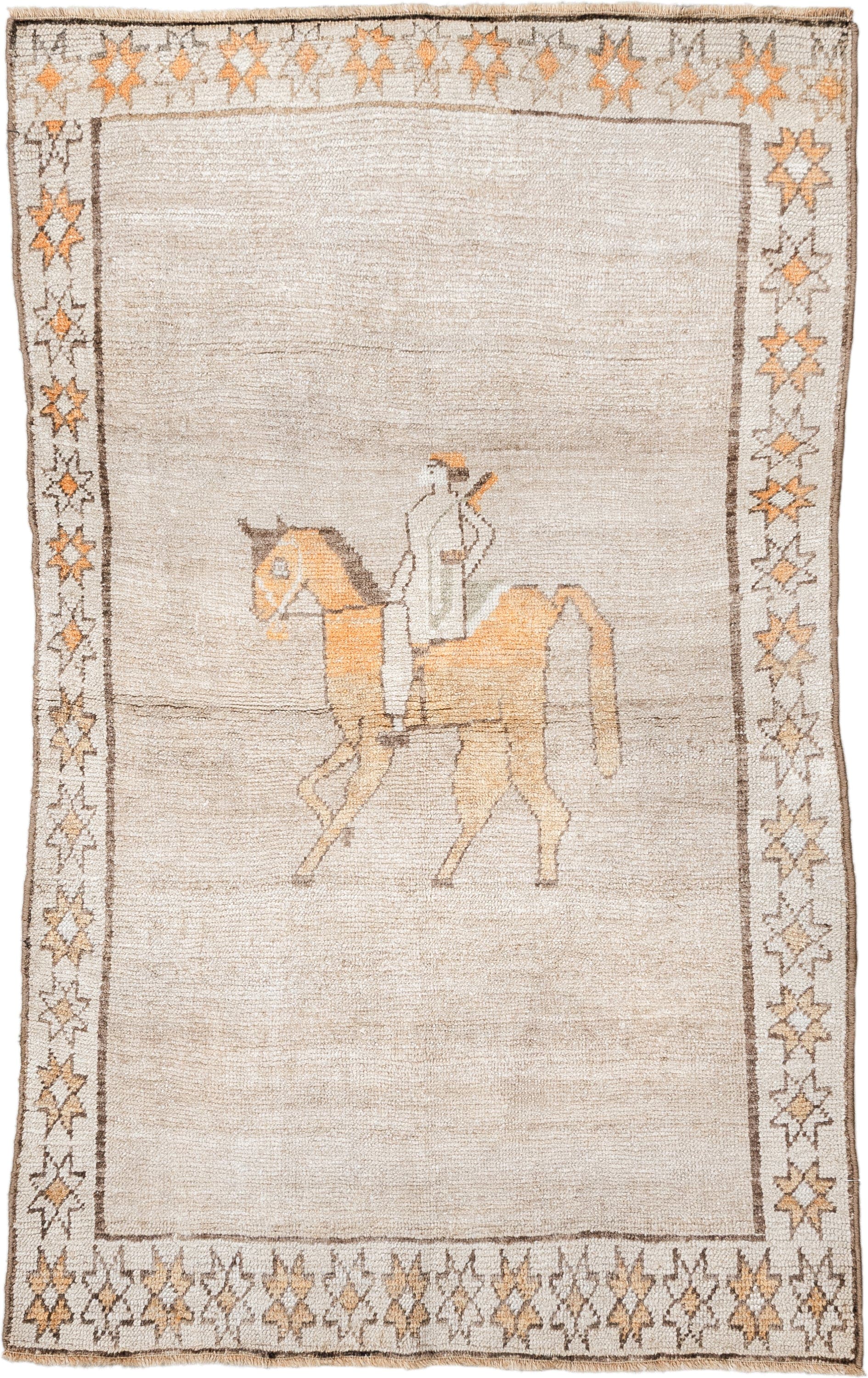 3' x 5' one-of-a-kind handmade vintage Gabbe small size rug. Color palette: ivory, camel, taupe, peach, brown, beige, gray