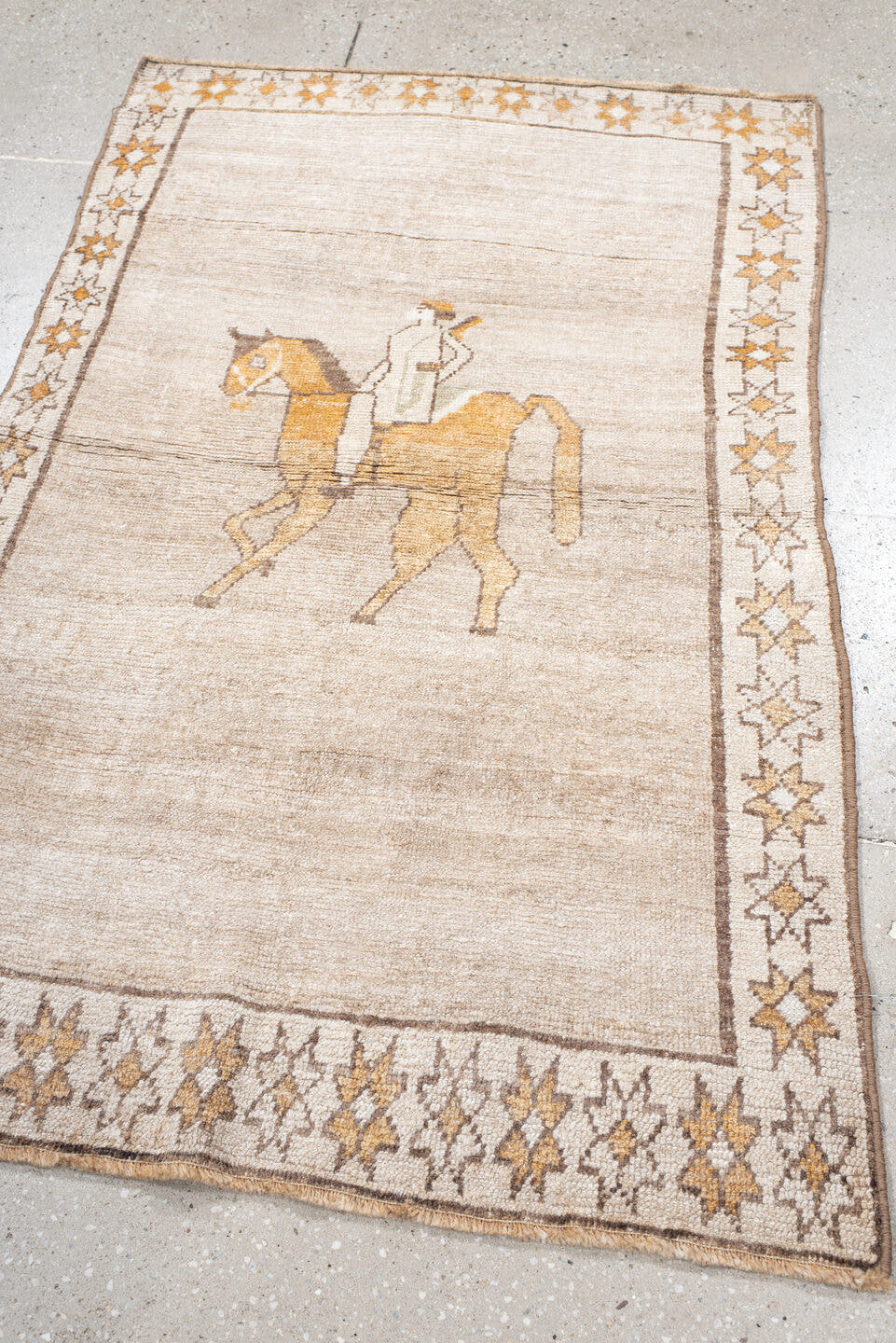 3' x 5' one-of-a-kind handmade vintage Gabbe small size rug. Color palette: ivory, camel, taupe, peach, brown, beige, gray
