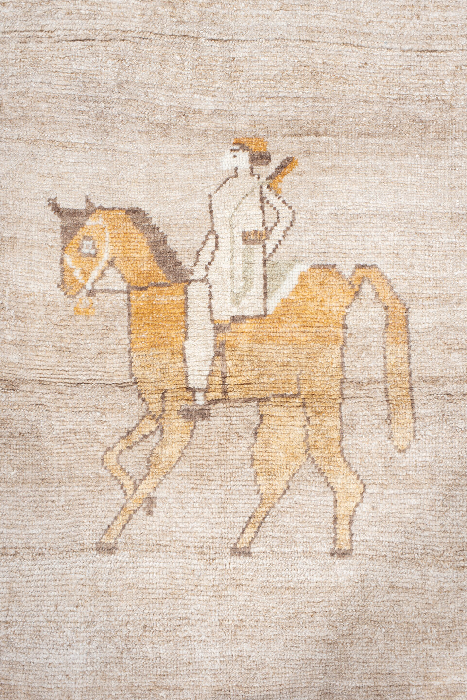 3' x 5' one-of-a-kind handmade vintage Gabbe small size rug. Color palette: ivory, camel, taupe, peach, brown, beige, gray