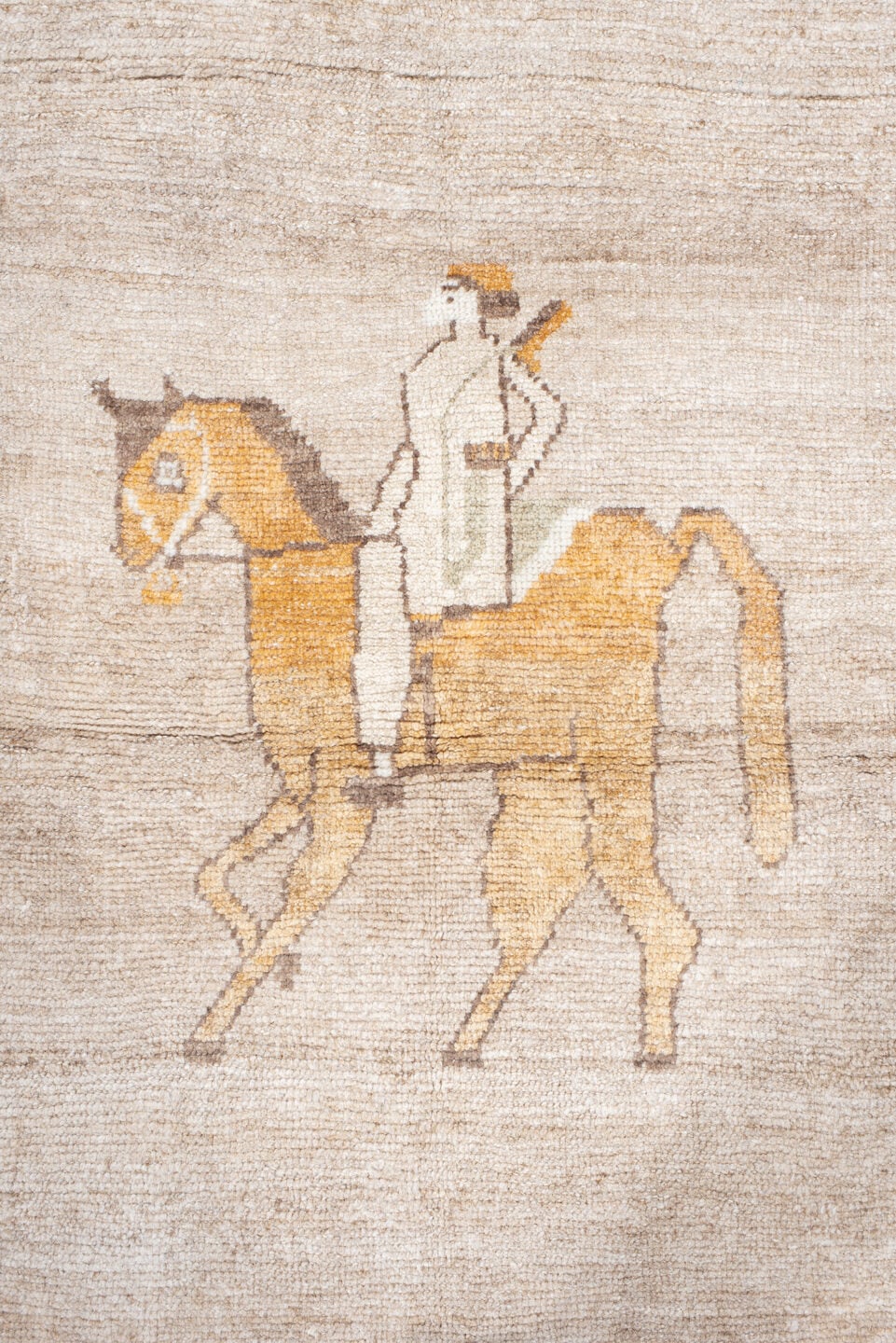 3' x 5' one-of-a-kind handmade vintage Gabbe small size rug. Color palette: ivory, camel, taupe, peach, brown, beige, gray