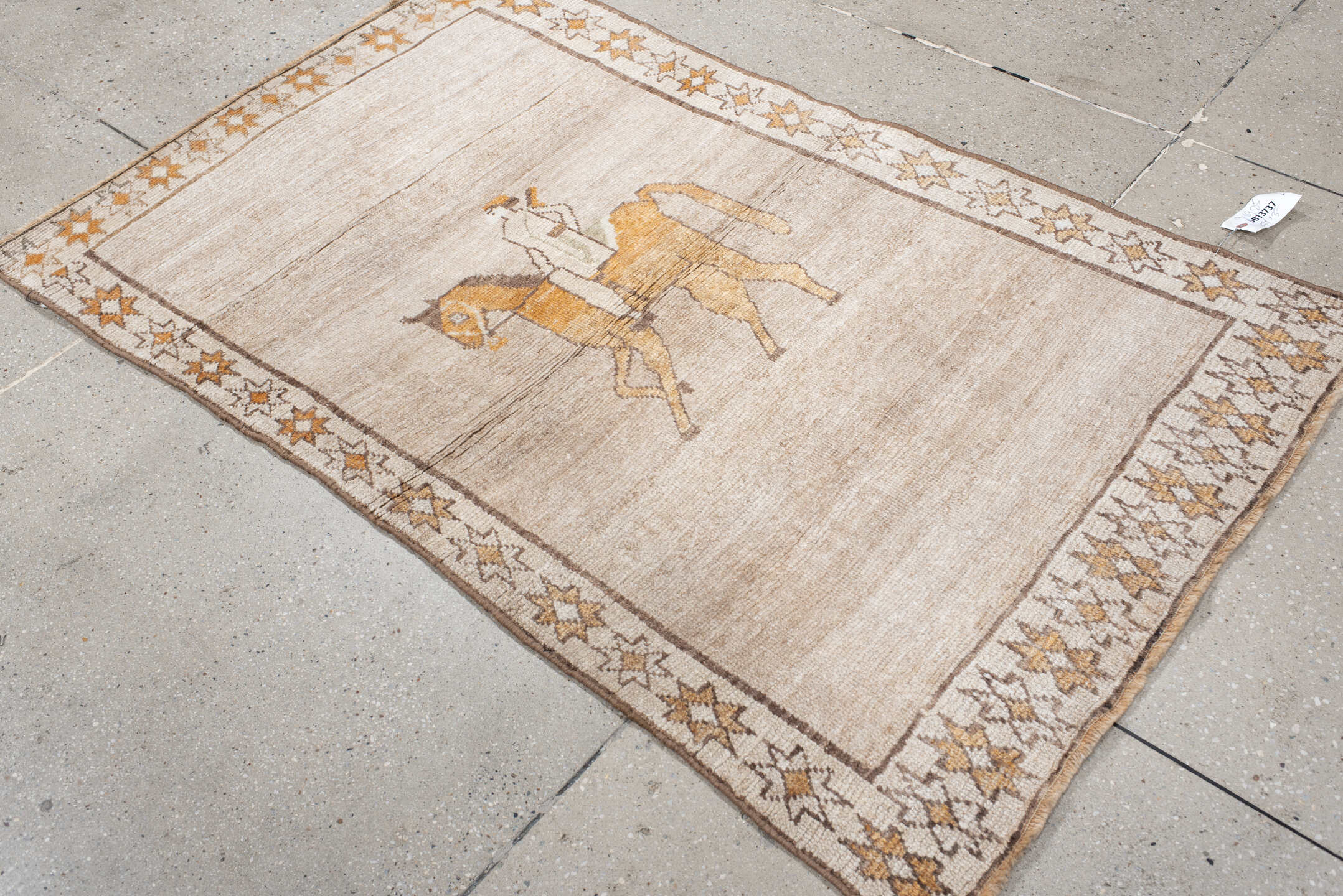 3' x 5' one-of-a-kind handmade vintage Gabbe small size rug. Color palette: ivory, camel, taupe, peach, brown, beige, gray