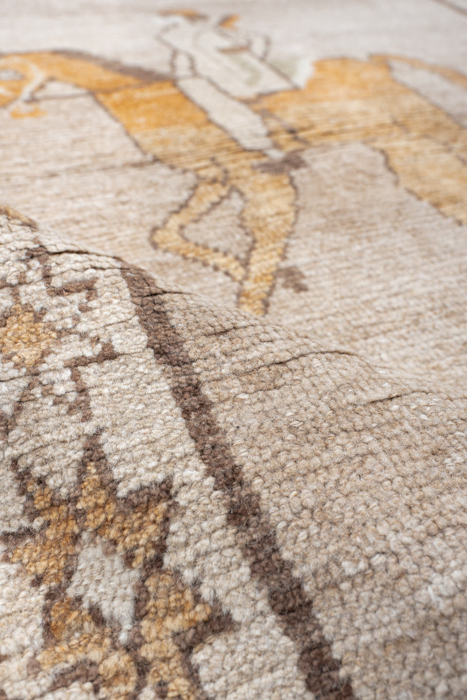 3' x 5' one-of-a-kind handmade vintage Gabbe small size rug. Color palette: ivory, camel, taupe, peach, brown, beige, gray