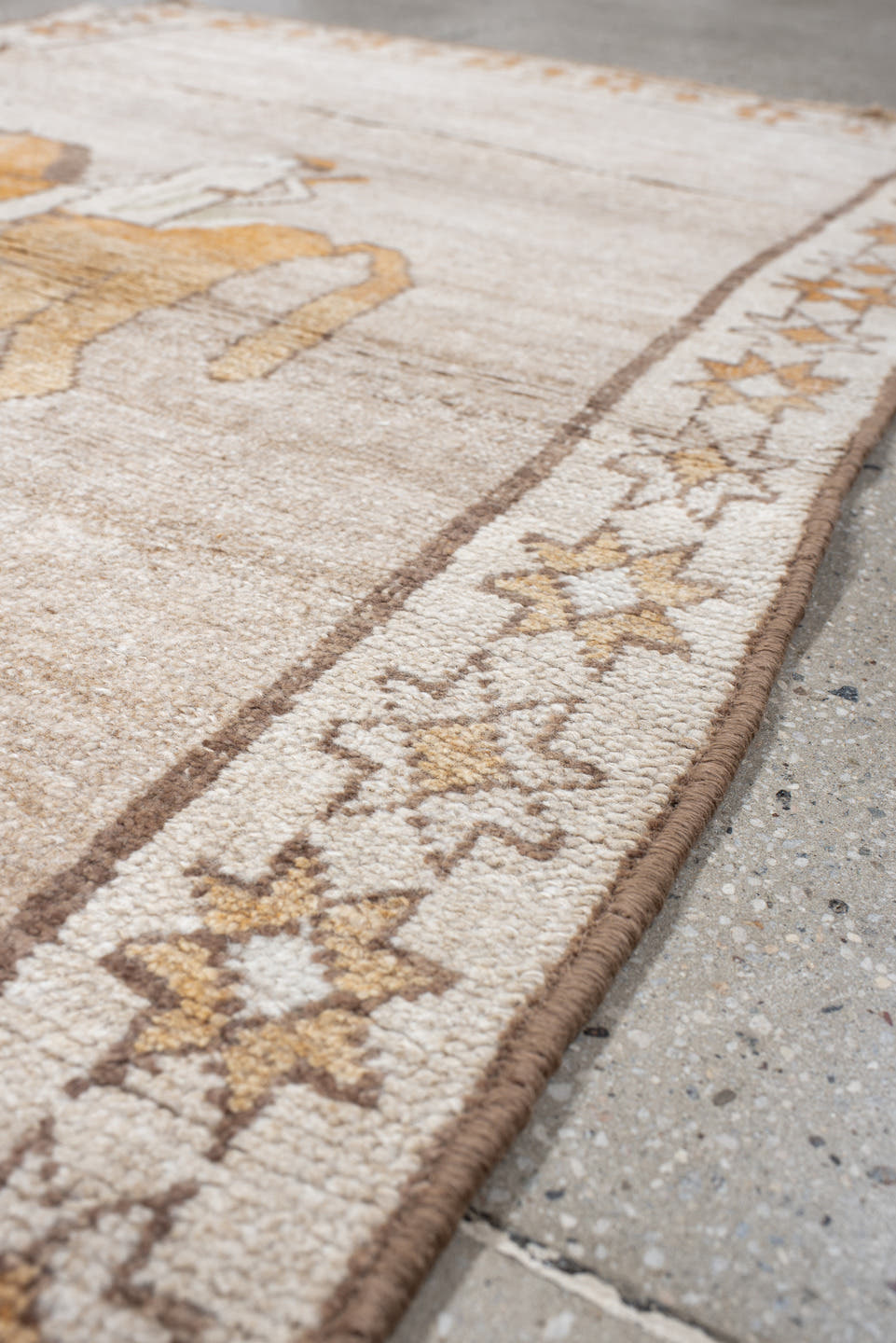 3' x 5' one-of-a-kind handmade vintage Gabbe small size rug. Color palette: ivory, camel, taupe, peach, brown, beige, gray