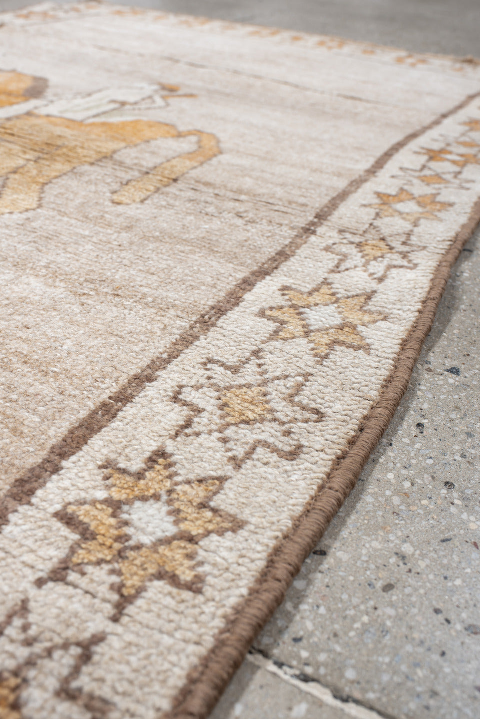3' x 5' one-of-a-kind handmade vintage Gabbe small size rug. Color palette: ivory, camel, taupe, peach, brown, beige, gray