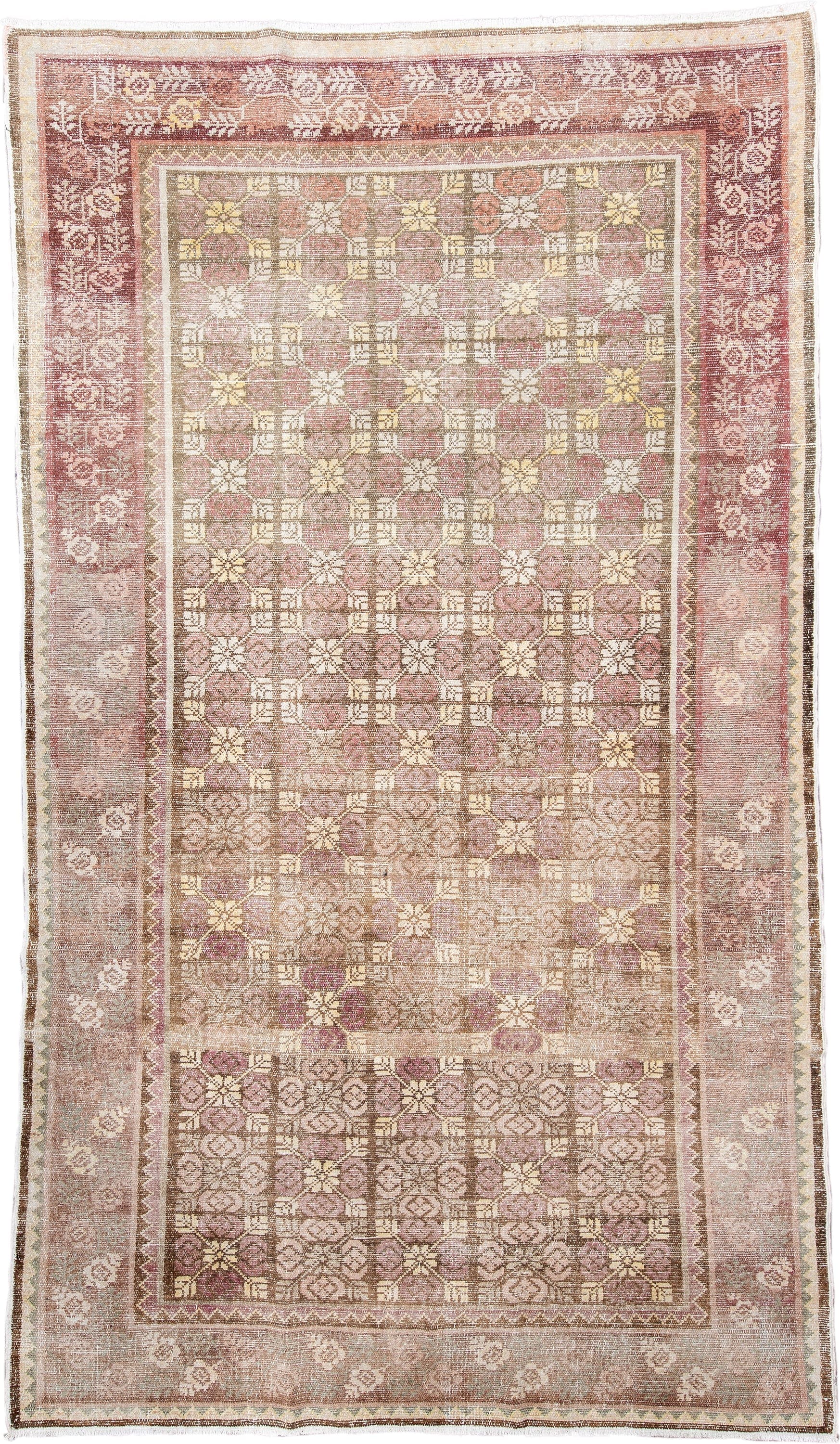 6' x 11' one-of-a-kind handmade antique European large size rug. Color palette: rose, ivory, taupe, dusty pink, beige