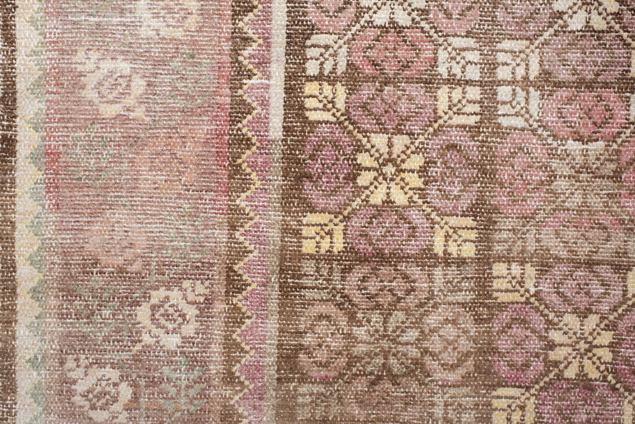 6' x 11' one-of-a-kind handmade vintage European large size rug. Color palette: brown, red, off-white, pink, gray, orange