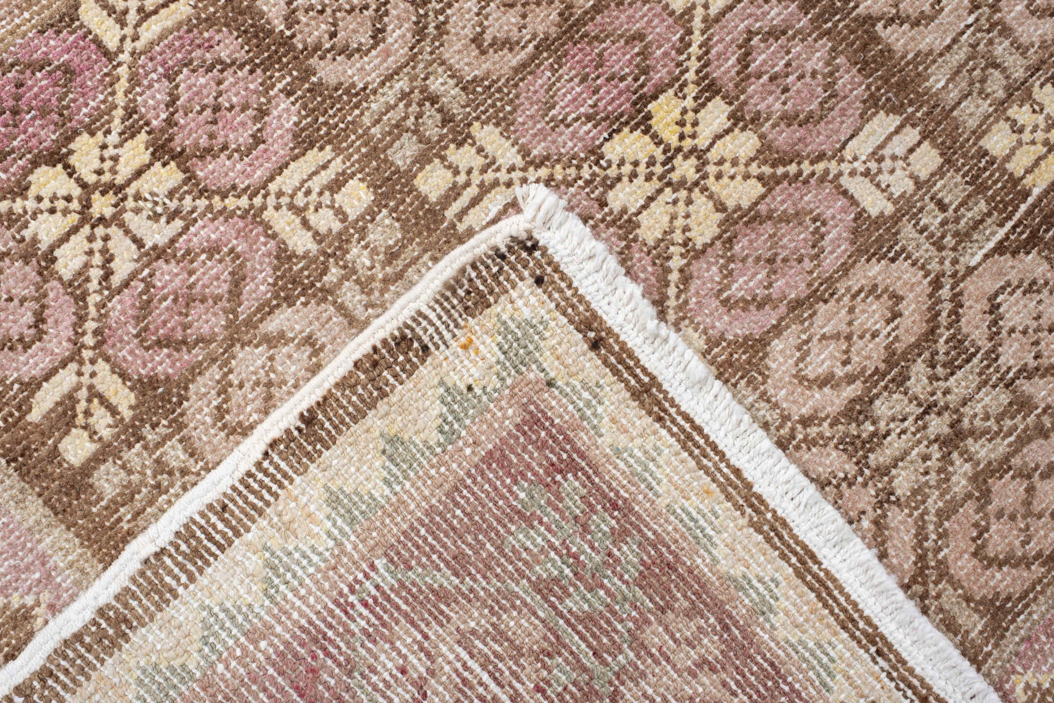 6' x 11' one-of-a-kind handmade vintage European large size rug. Color palette: brown, red, off-white, pink, gray, orange