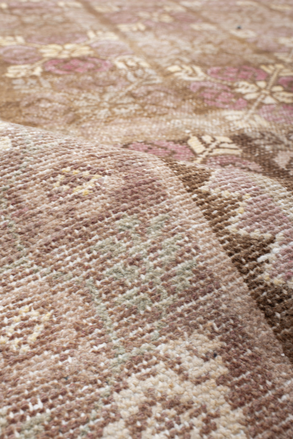 6' x 11' one-of-a-kind handmade vintage European large size rug. Color palette: brown, red, off-white, pink, gray, orange