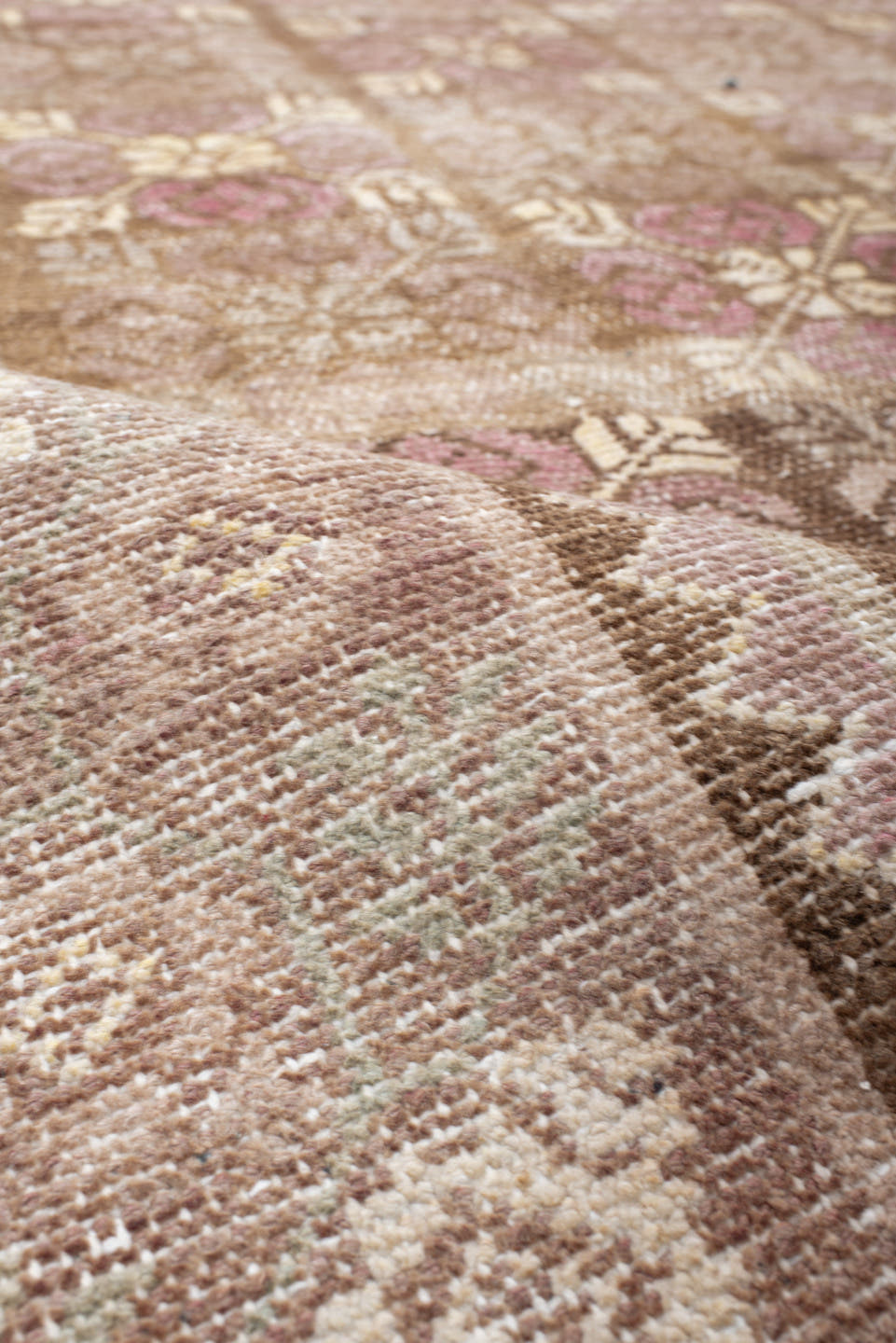 6' x 11' one-of-a-kind handmade antique European large size rug. Color palette: rose, ivory, taupe, dusty pink, beige