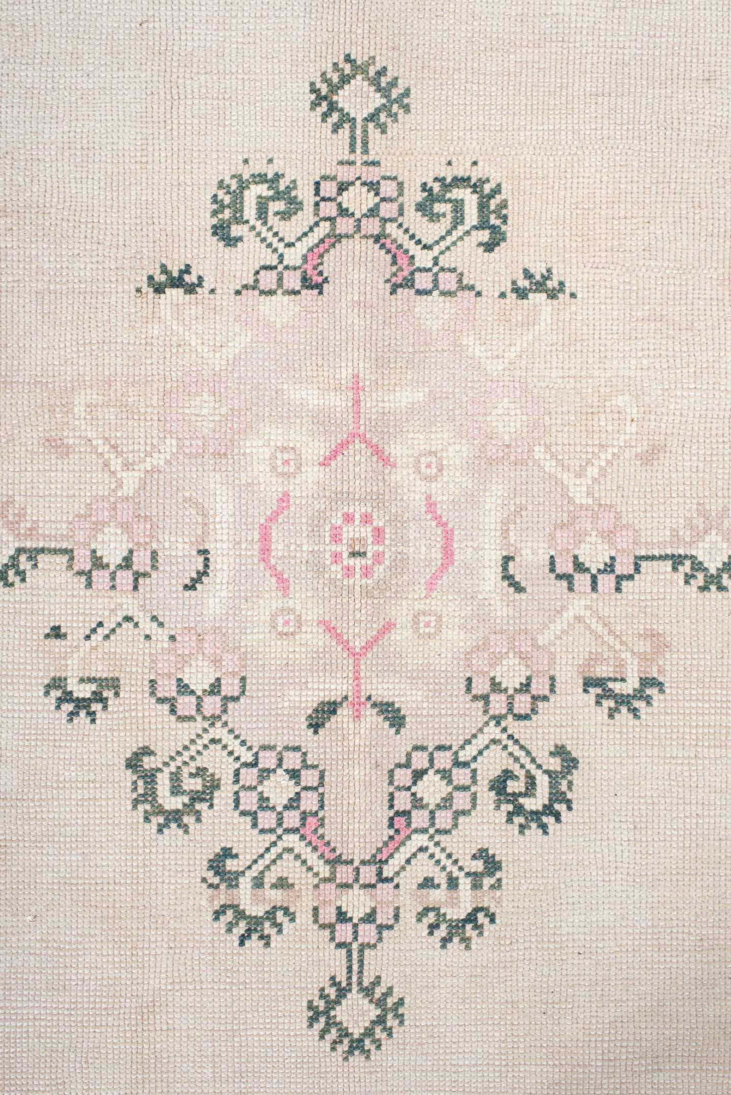 8' x 11' one-of-a-kind handmade antique Sivas large size rug. Color palette: ivory, blush, sage, cream, taupe, pink, green