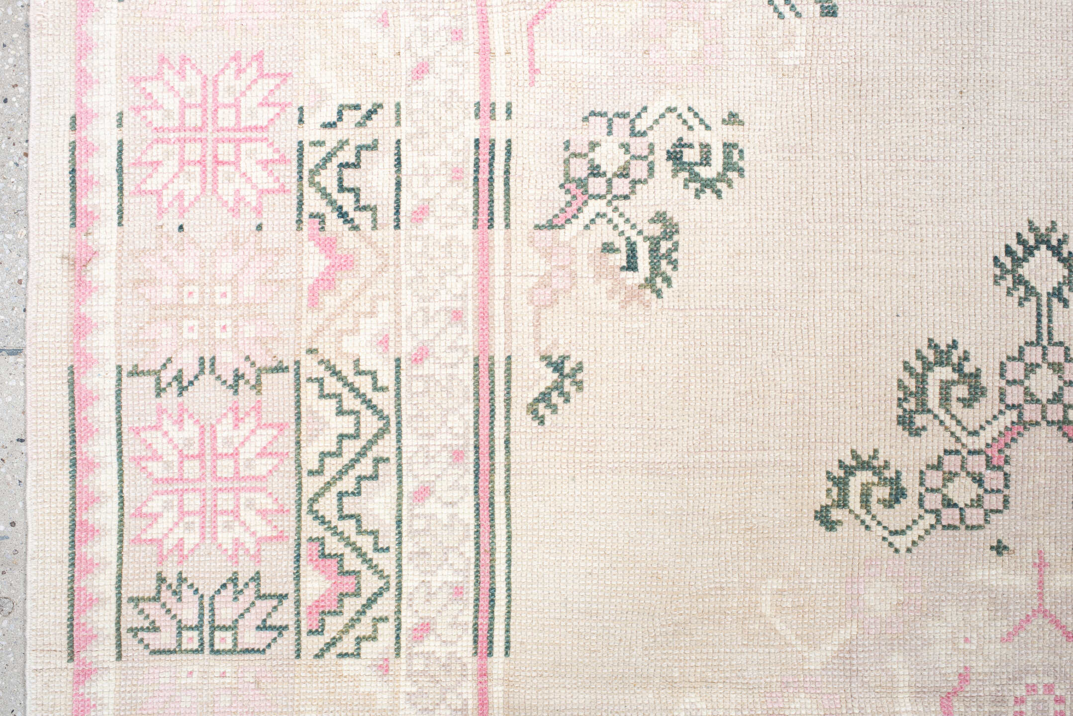 8' x 11' one-of-a-kind handmade antique Sivas large size rug. Color palette: ivory, blush, sage, cream, taupe, pink, green